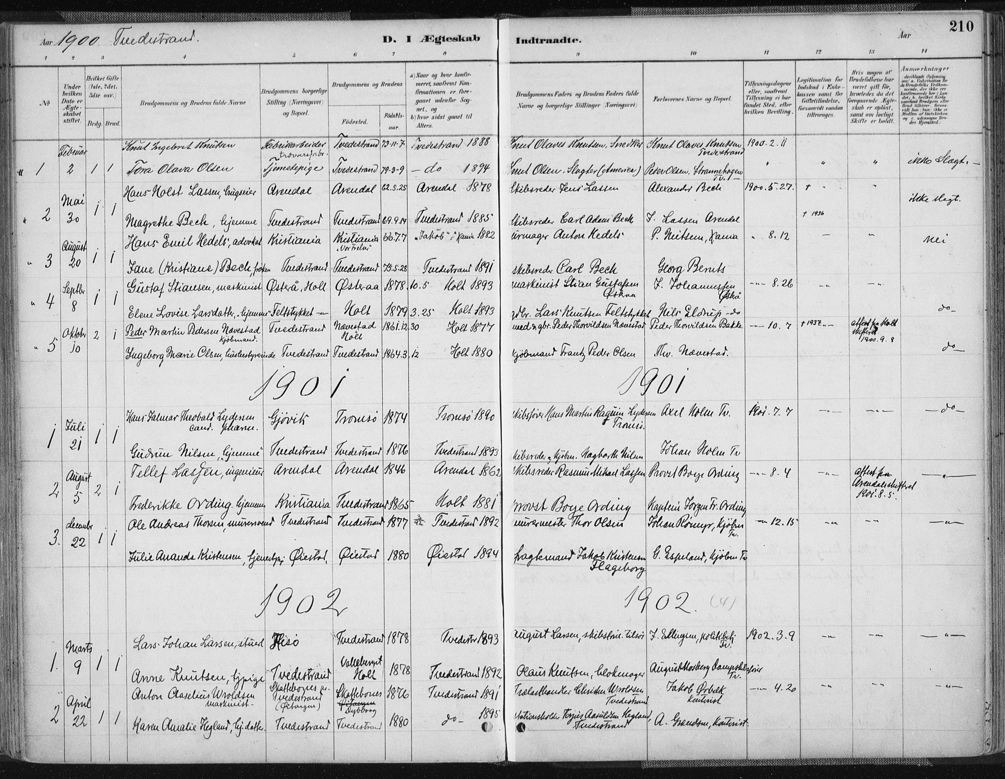 Tvedestrand sokneprestkontor, AV/SAK-1111-0042/F/Fa/L0001: Parish register (official) no. A 1, 1885-1916, p. 210