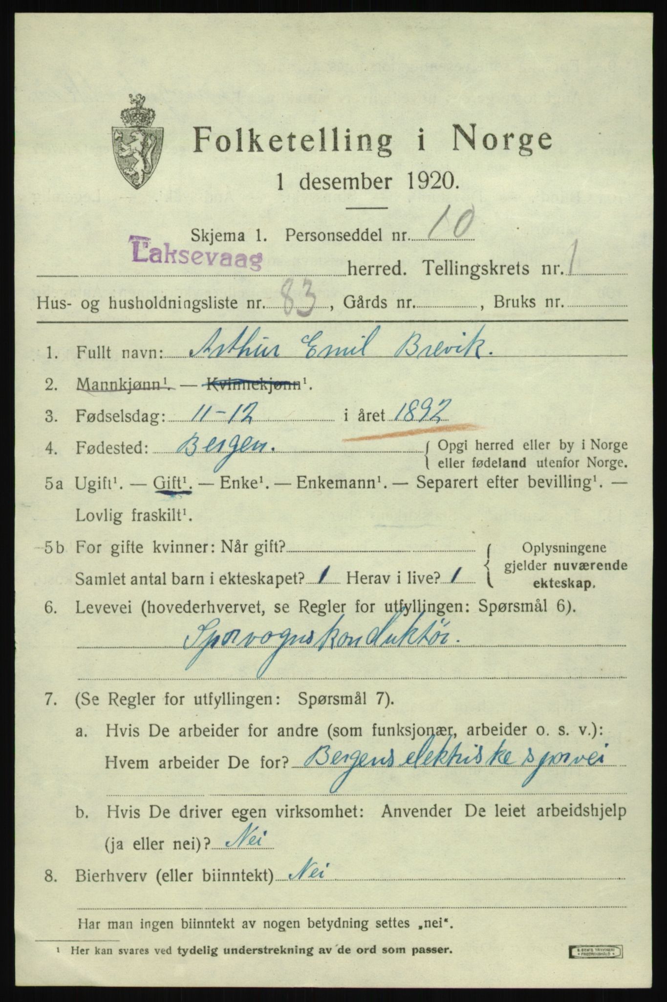 SAB, 1920 census for Laksevåg, 1920, p. 5724