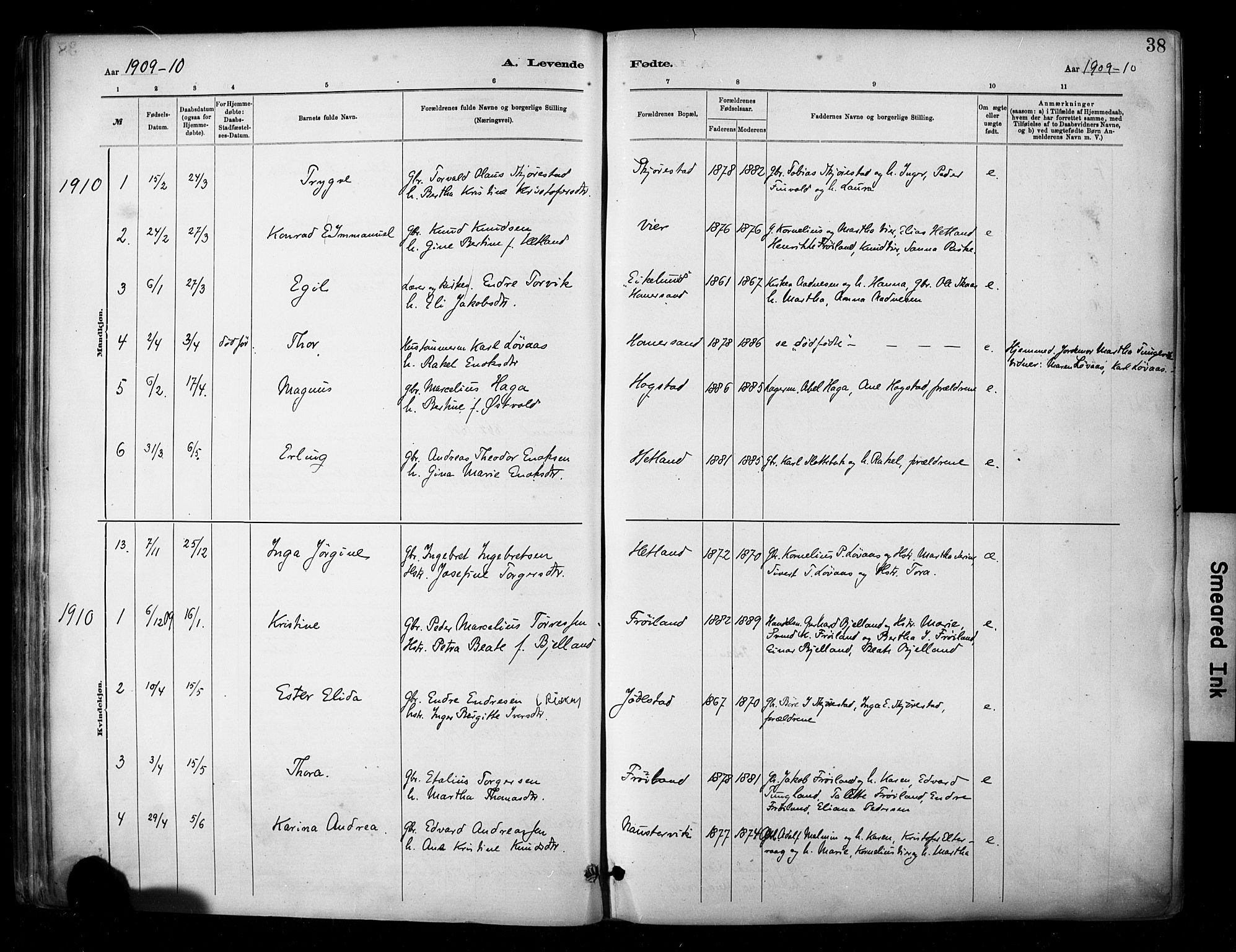 Hetland sokneprestkontor, SAST/A-101826/30/30BA/L0010: Parish register (official) no. A 10, 1882-1925, p. 38