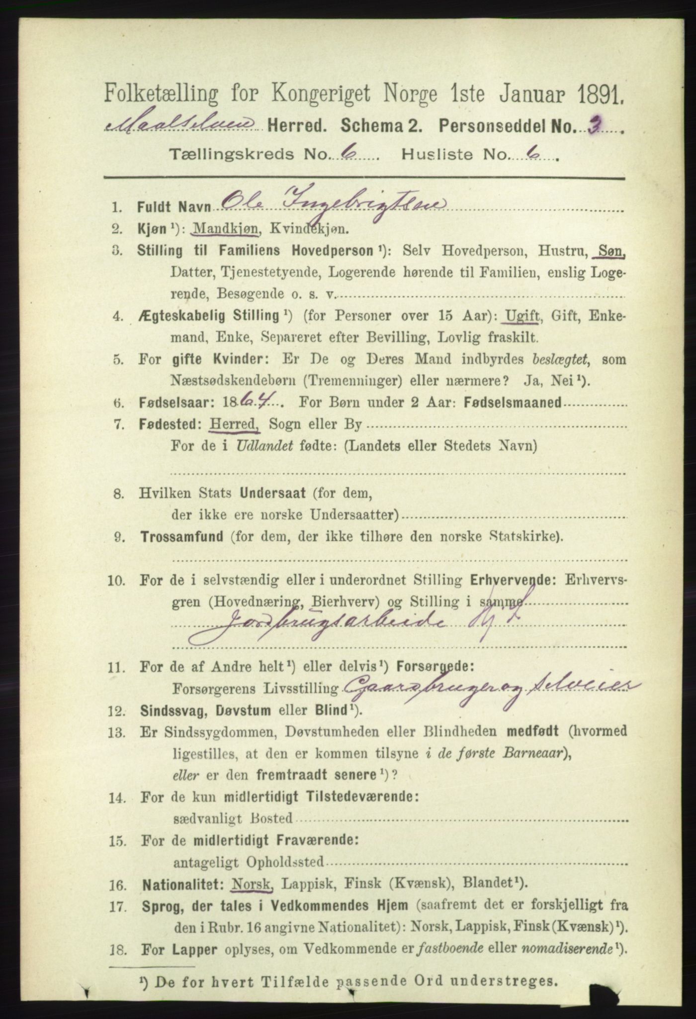 RA, 1891 census for 1924 Målselv, 1891, p. 2074