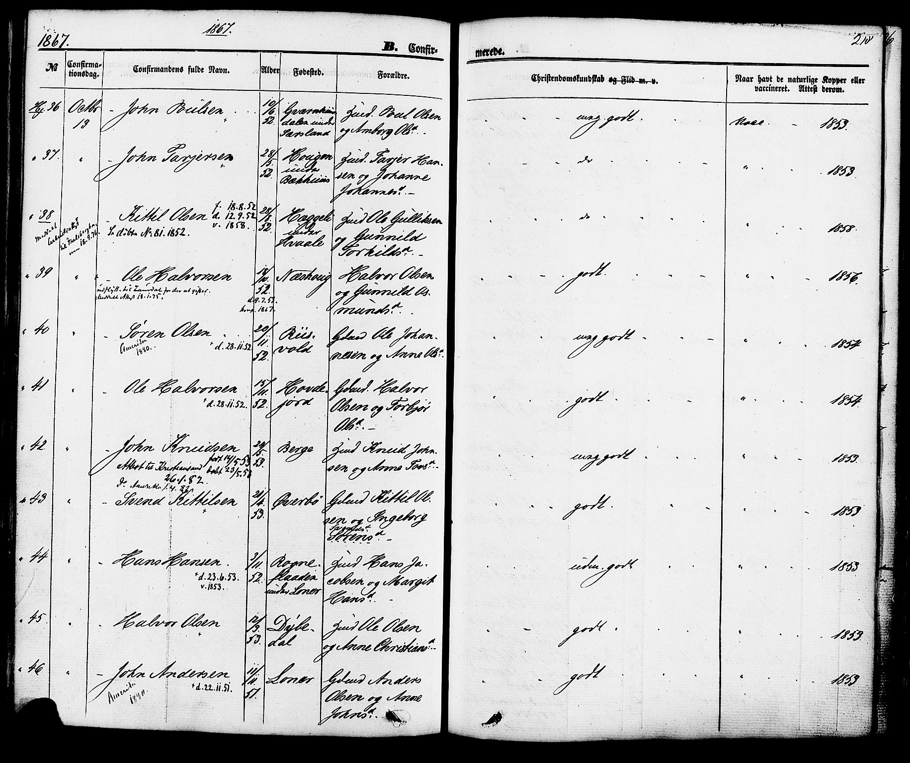 Hjartdal kirkebøker, AV/SAKO-A-270/F/Fa/L0009: Parish register (official) no. I 9, 1860-1879, p. 218