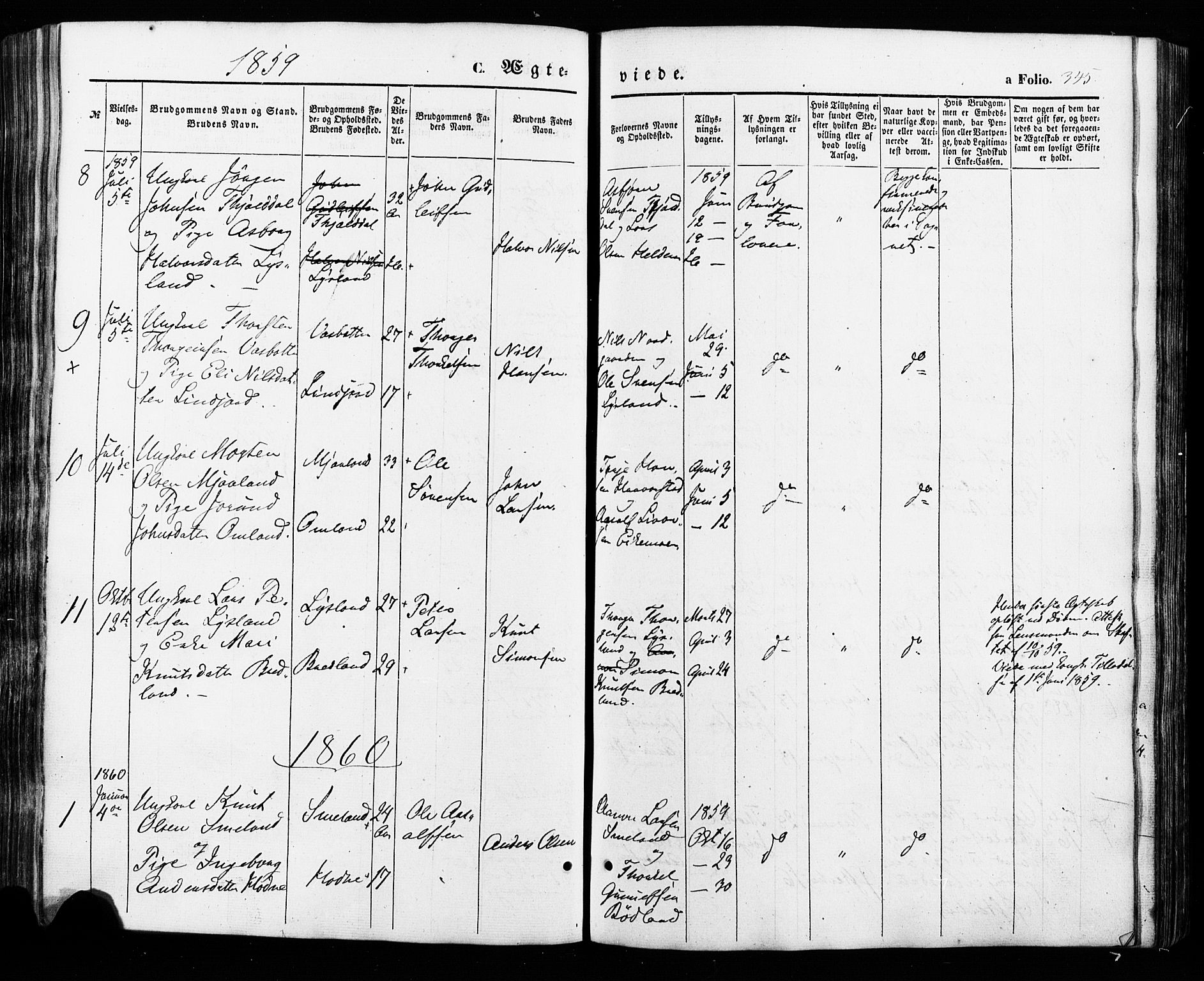 Åseral sokneprestkontor, SAK/1111-0051/F/Fa/L0002: Parish register (official) no. A 2, 1854-1884, p. 345
