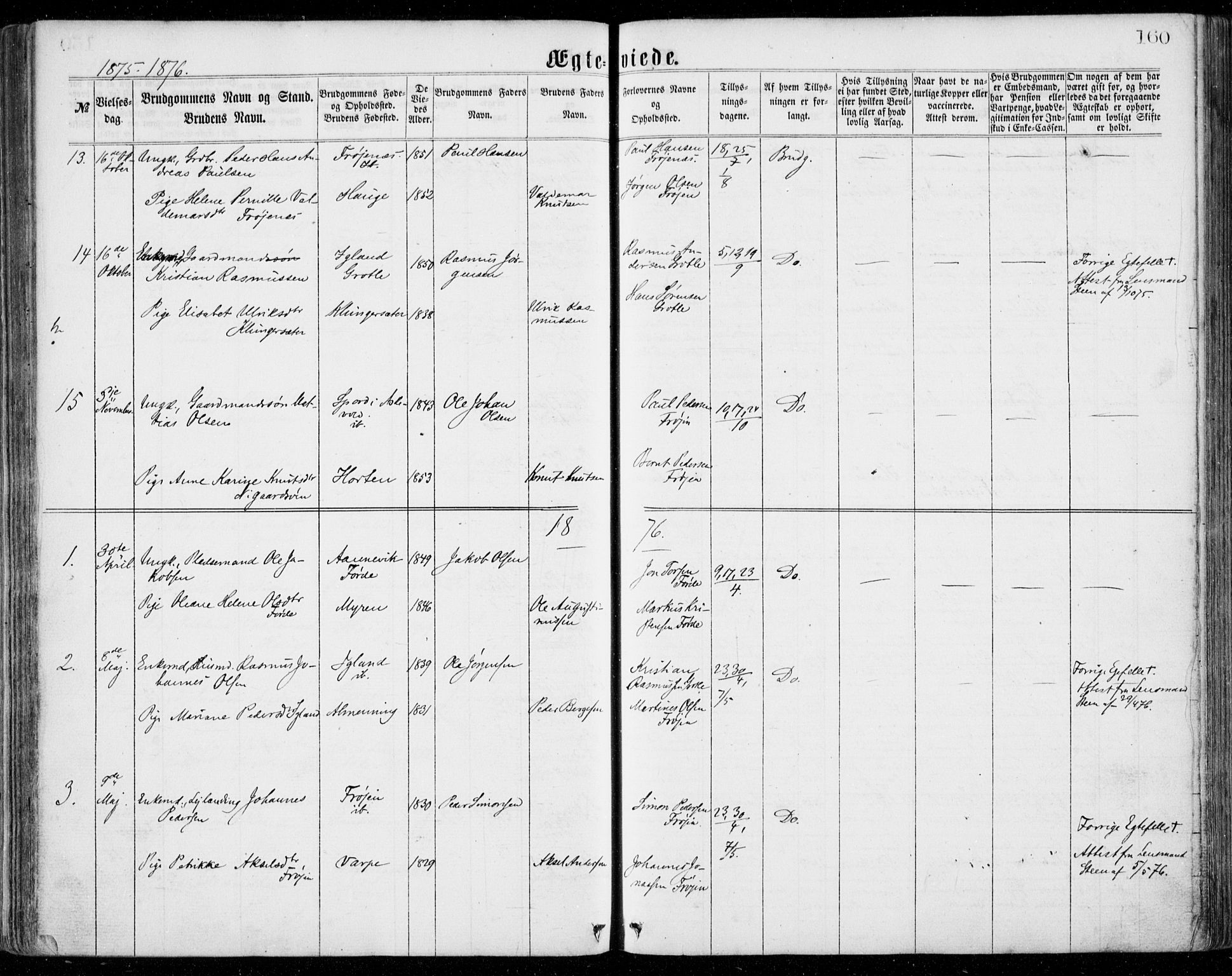Bremanger sokneprestembete, SAB/A-82201/H/Haa/Haaa/L0001: Parish register (official) no. A  1, 1864-1883, p. 160