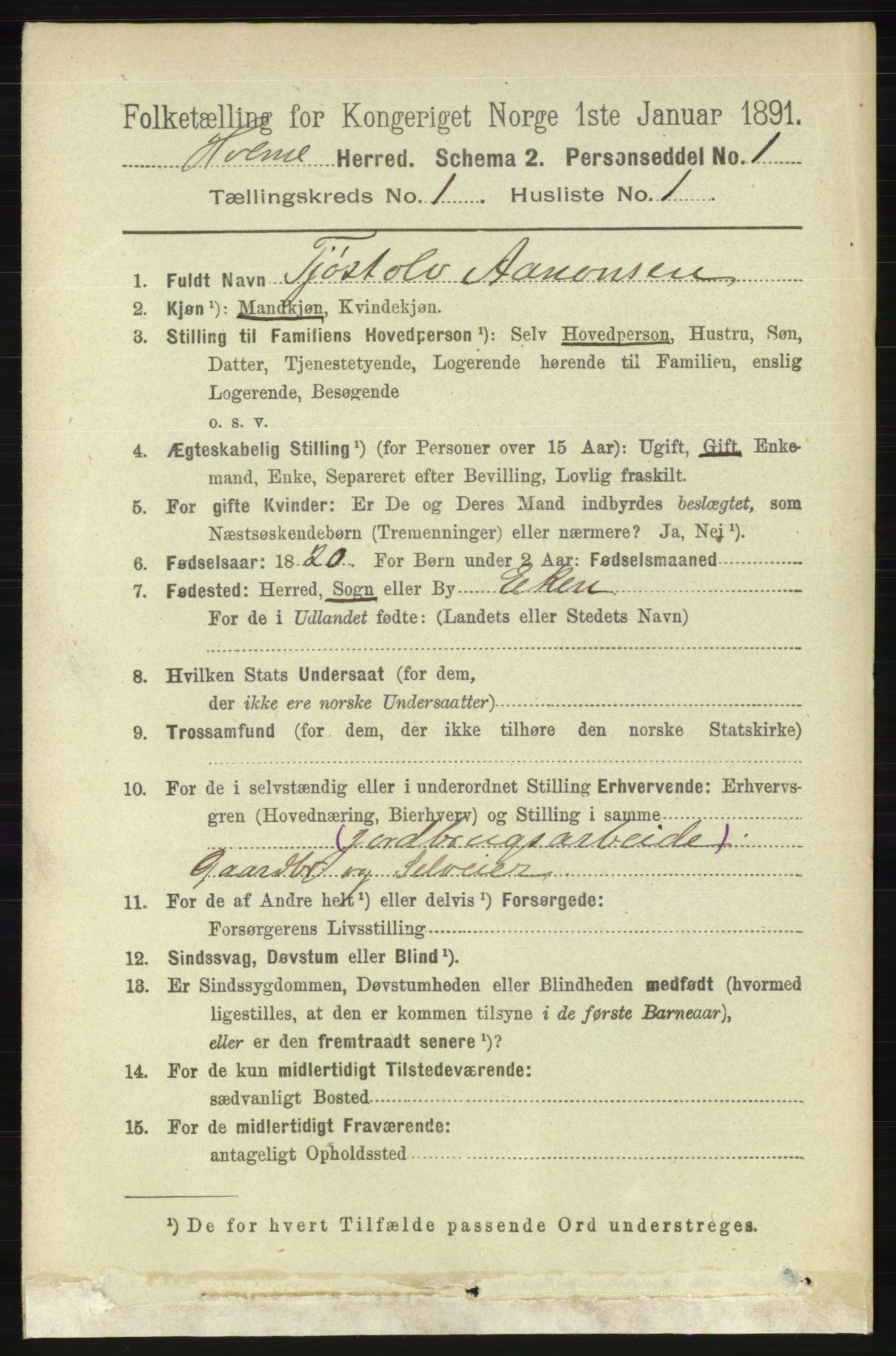 RA, 1891 census for 1020 Holum, 1891, p. 47