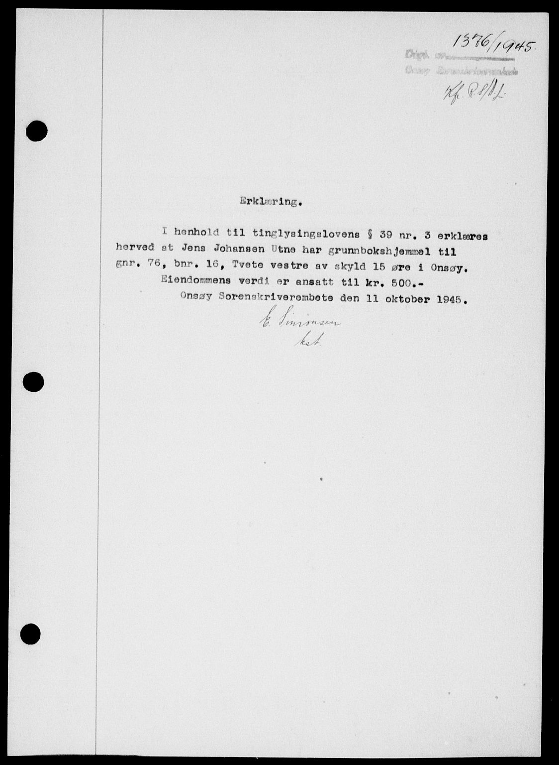 Onsøy sorenskriveri, SAO/A-10474/G/Ga/Gab/L0015: Mortgage book no. II A-15, 1945-1946, Diary no: : 1376/1945