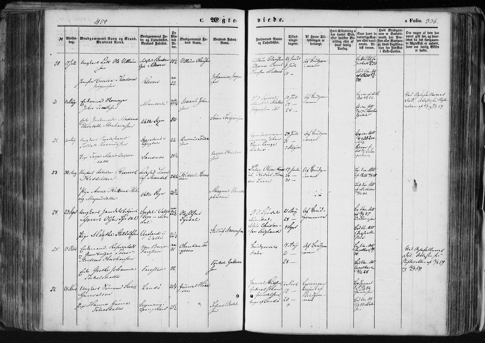 Mandal sokneprestkontor, SAK/1111-0030/F/Fa/Faa/L0014: Parish register (official) no. A 14, 1859-1872, p. 336