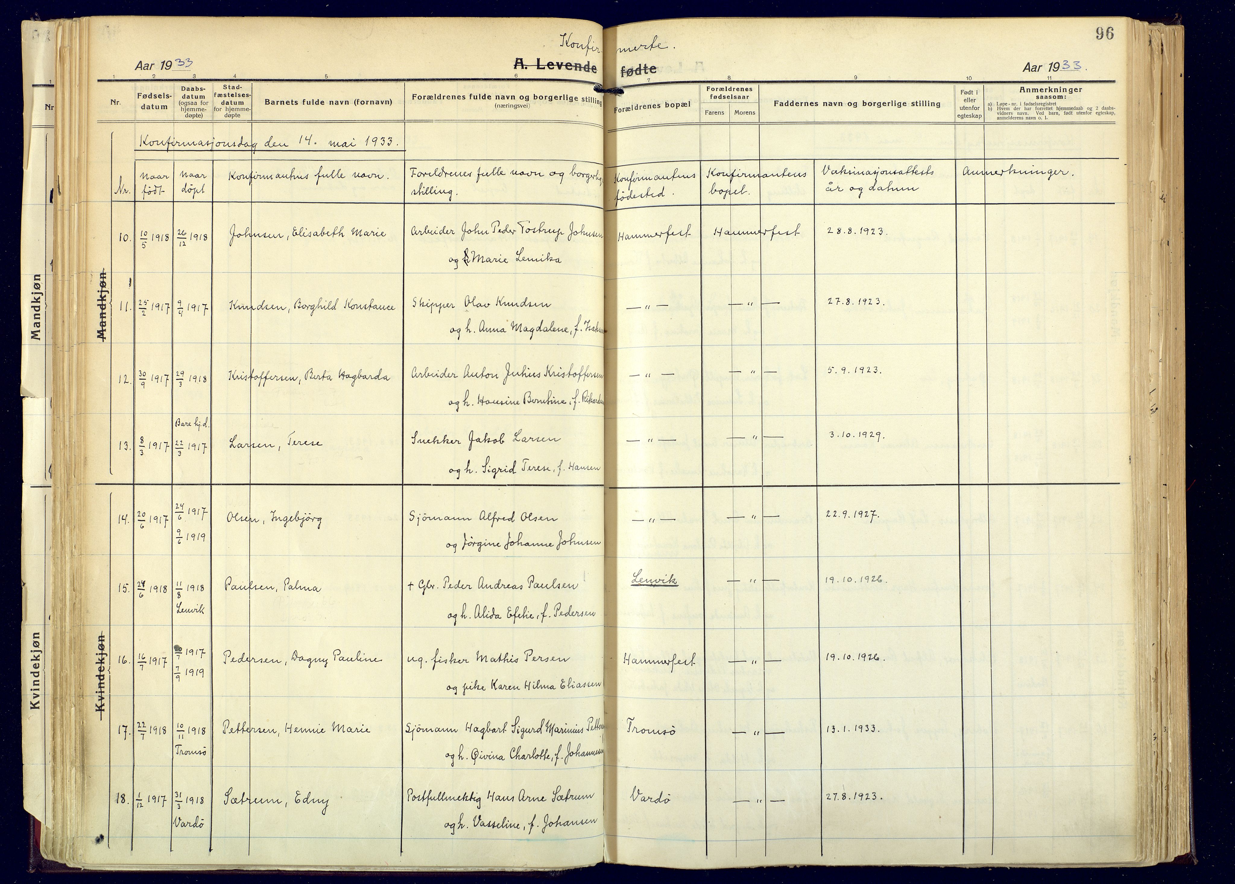 Hammerfest sokneprestkontor, AV/SATØ-S-1347/H/Ha/L0017.kirke: Parish register (official) no. 17, 1923-1933, p. 96