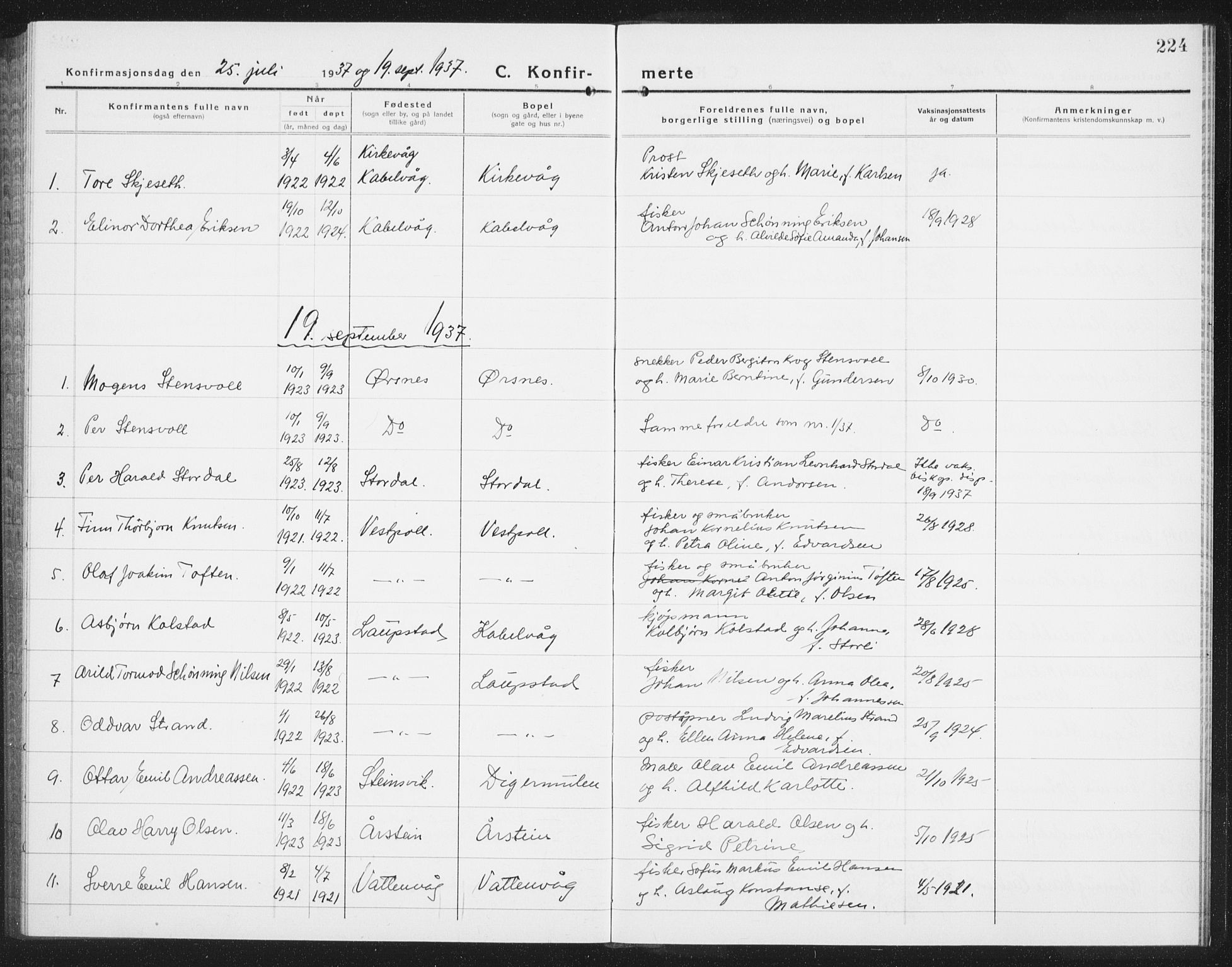 Ministerialprotokoller, klokkerbøker og fødselsregistre - Nordland, AV/SAT-A-1459/874/L1081: Parish register (copy) no. 874C10, 1925-1941, p. 224