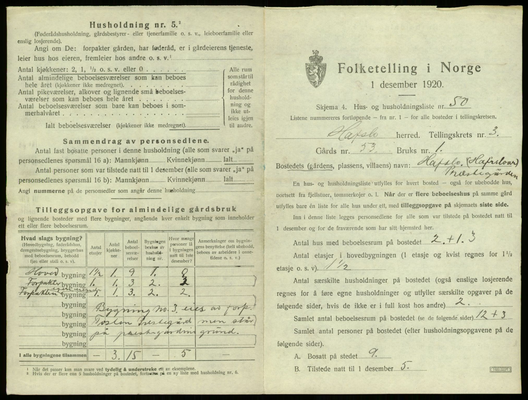 SAB, 1920 census for Hafslo, 1920, p. 298