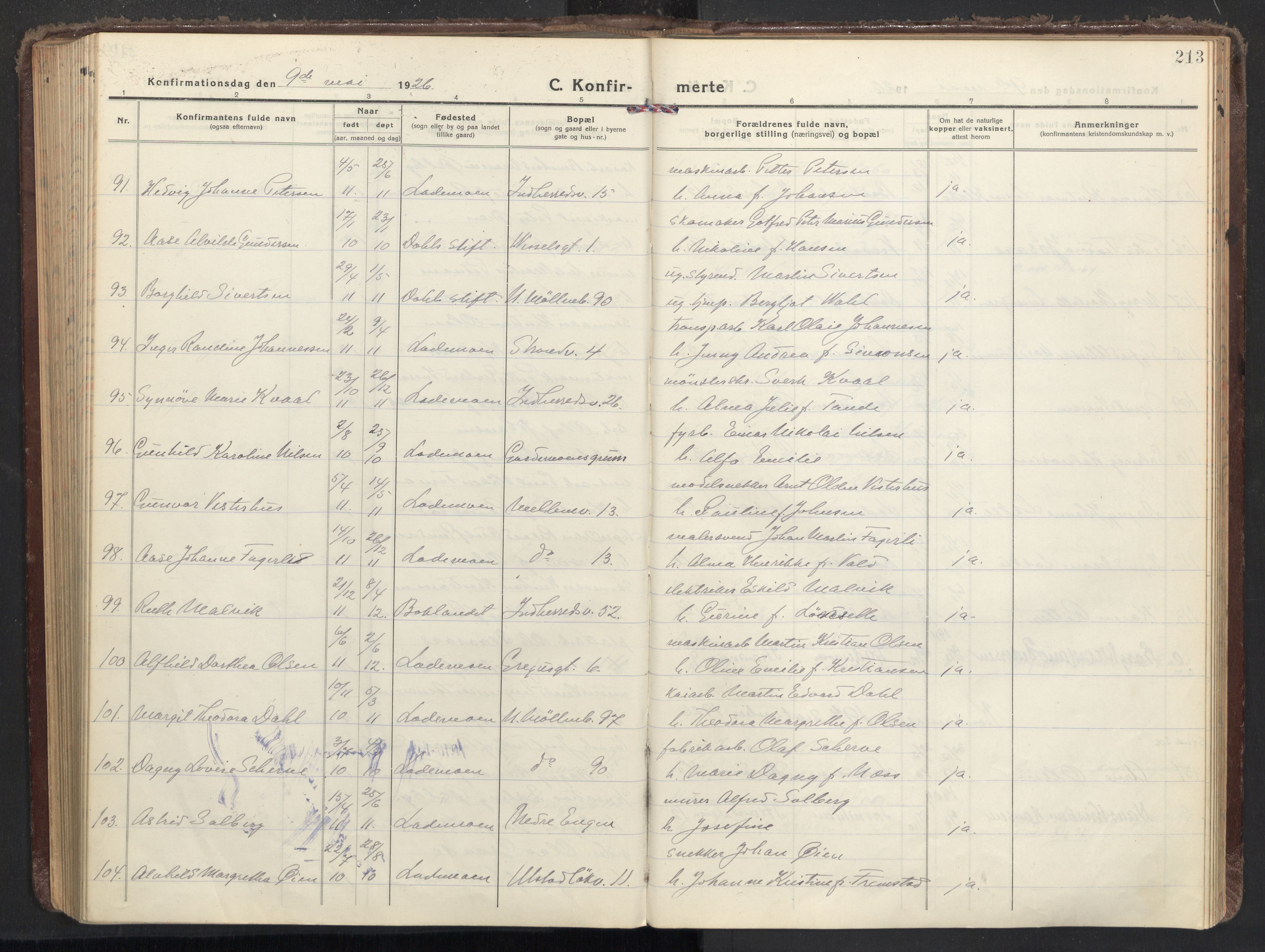 Ministerialprotokoller, klokkerbøker og fødselsregistre - Sør-Trøndelag, AV/SAT-A-1456/605/L0247: Parish register (official) no. 605A09, 1918-1930, p. 213