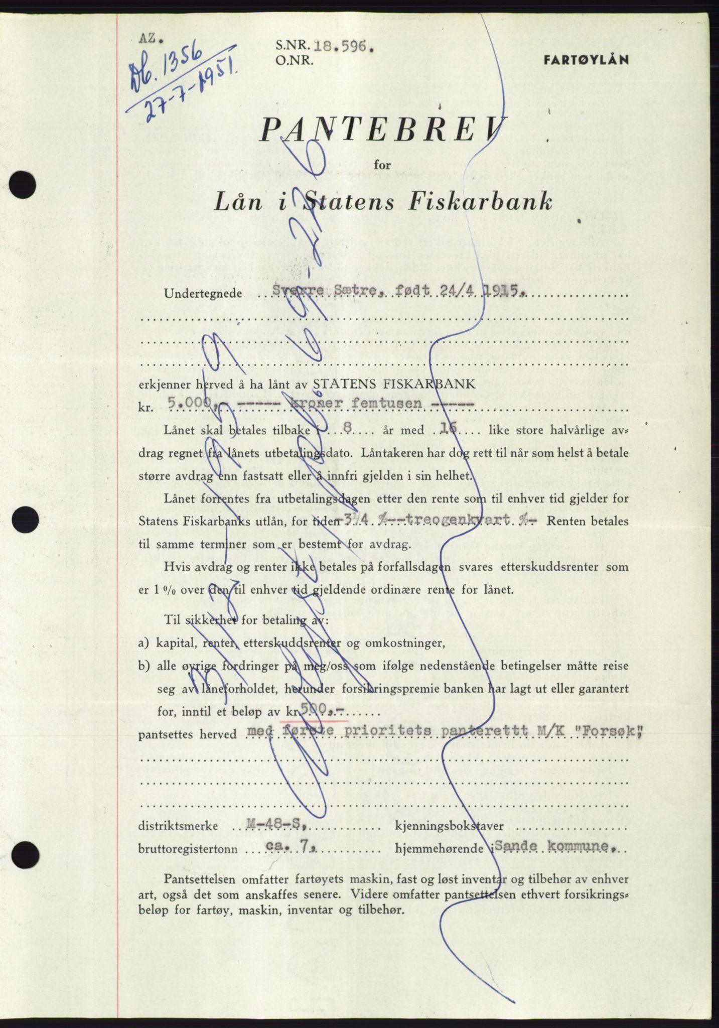 Søre Sunnmøre sorenskriveri, AV/SAT-A-4122/1/2/2C/L0120: Mortgage book no. 8B, 1951-1951, Diary no: : 1356/1951