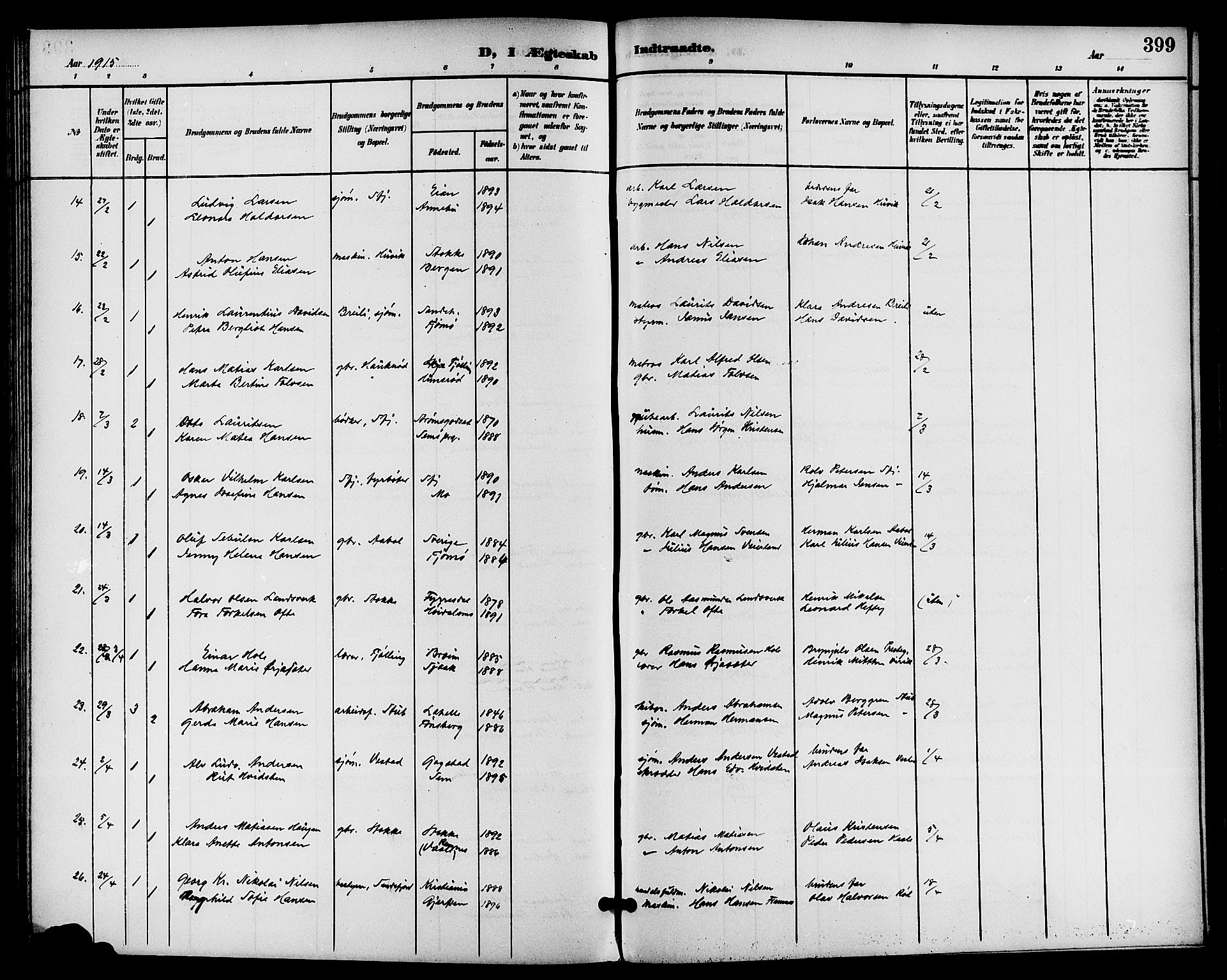 Sandar kirkebøker, SAKO/A-243/G/Ga/L0002: Parish register (copy) no. 2, 1900-1915, p. 399