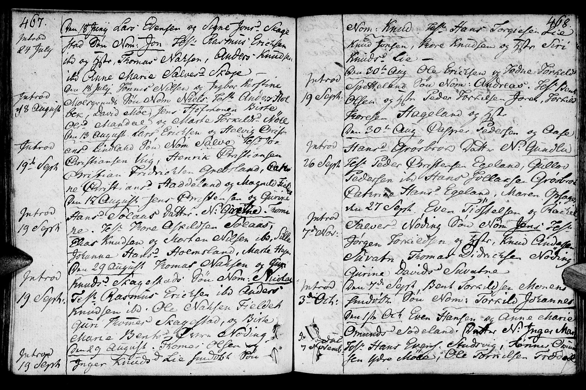 Holum sokneprestkontor, AV/SAK-1111-0022/F/Fa/Faa/L0003: Parish register (official) no. A 3, 1780-1821, p. 467-468