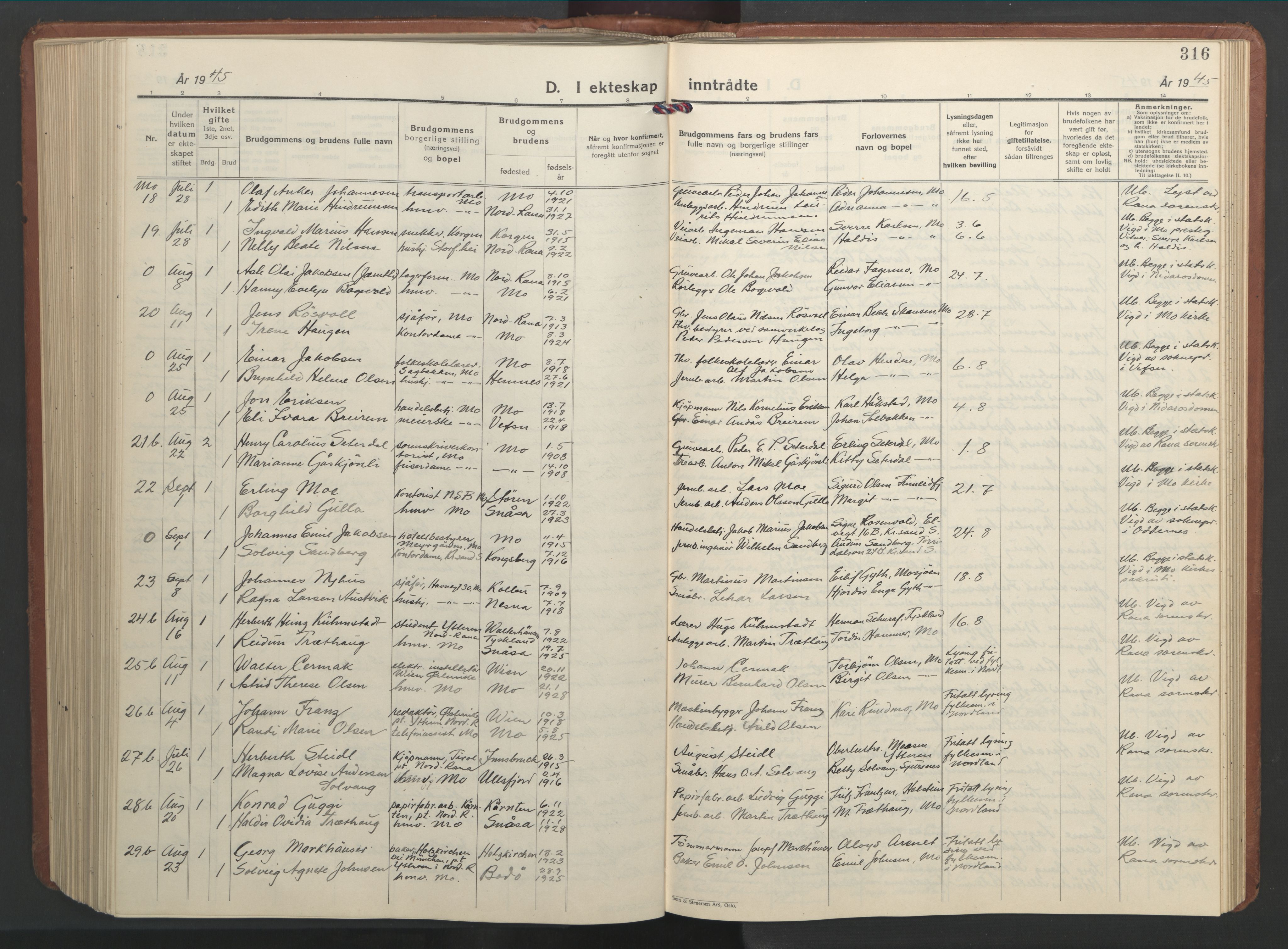 Ministerialprotokoller, klokkerbøker og fødselsregistre - Nordland, AV/SAT-A-1459/827/L0425: Parish register (copy) no. 827C14, 1931-1946, p. 316