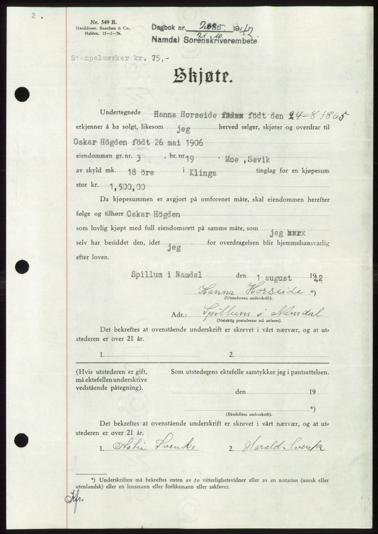 Namdal sorenskriveri, SAT/A-4133/1/2/2C: Mortgage book no. -, 1942-1943, Diary no: : 2085/1942