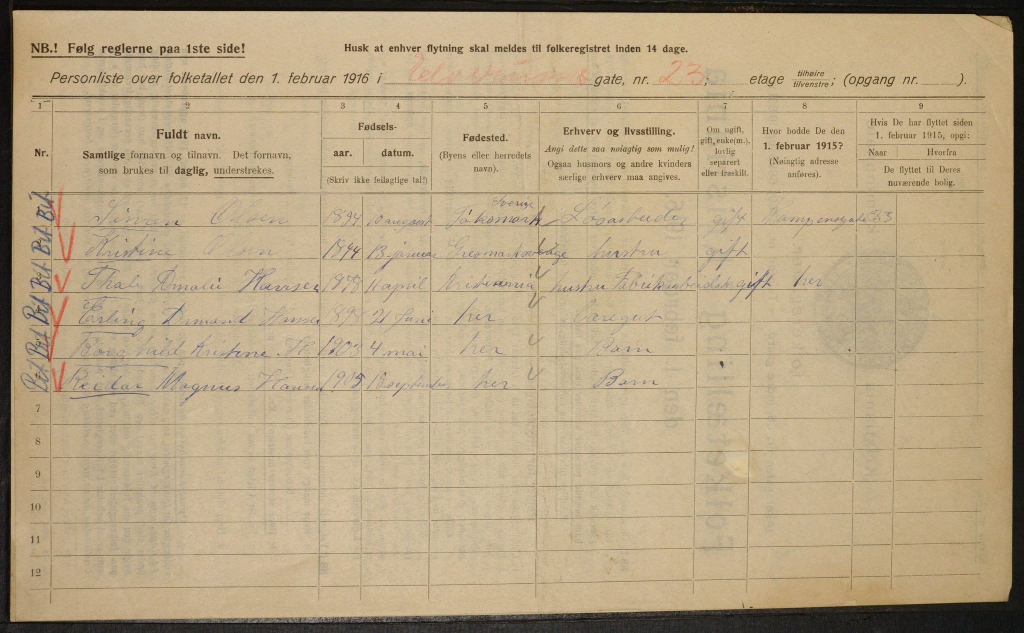 OBA, Municipal Census 1916 for Kristiania, 1916, p. 21351