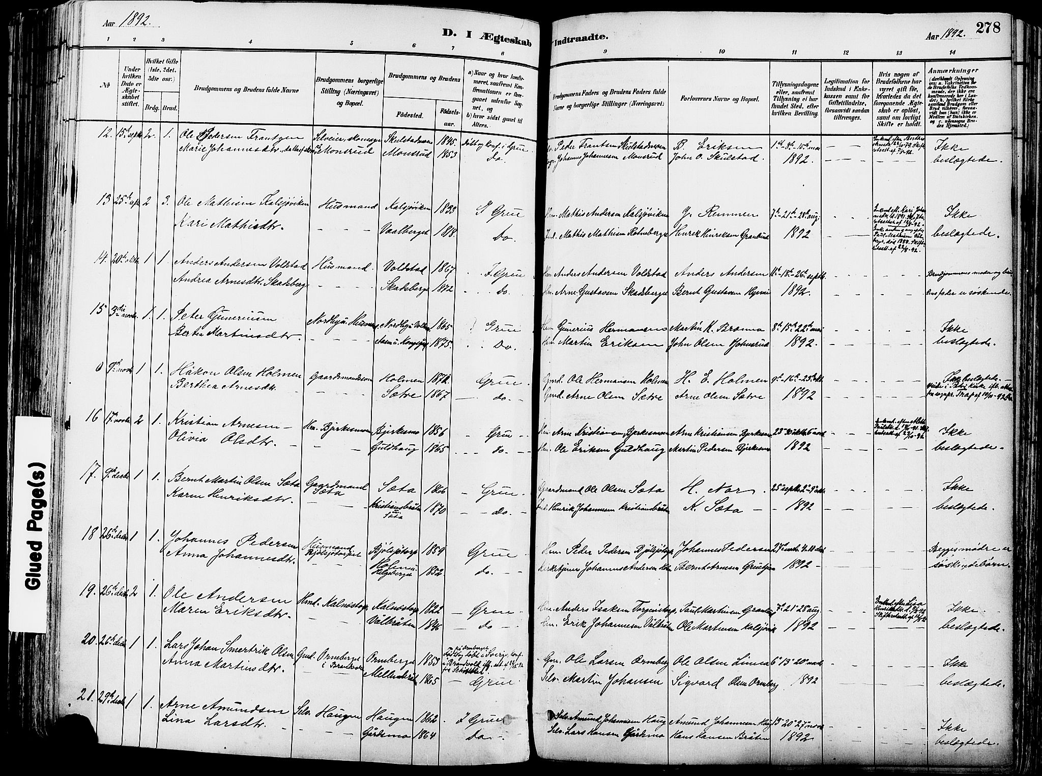 Grue prestekontor, SAH/PREST-036/H/Ha/Haa/L0012: Parish register (official) no. 12, 1881-1897, p. 278