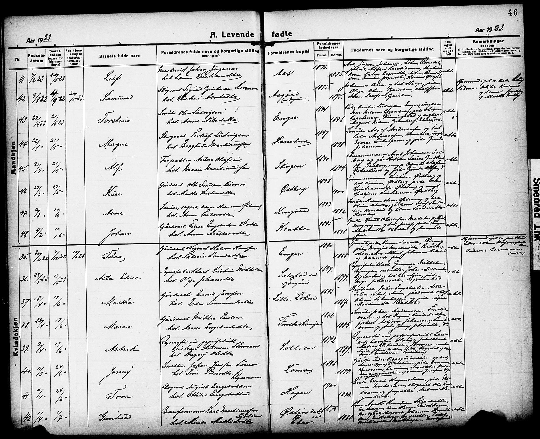 Løten prestekontor, AV/SAH-PREST-022/L/La/L0008: Parish register (copy) no. 8, 1920-1929, p. 46