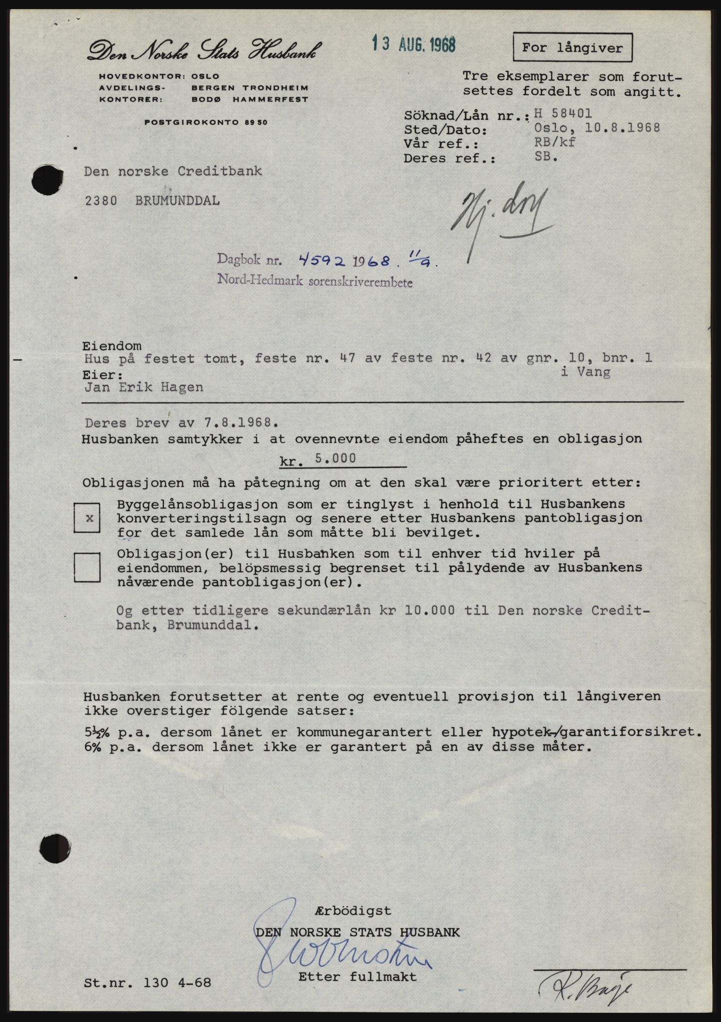 Nord-Hedmark sorenskriveri, SAH/TING-012/H/Hc/L0028: Mortgage book no. 28, 1968-1968, Diary no: : 4592/1968