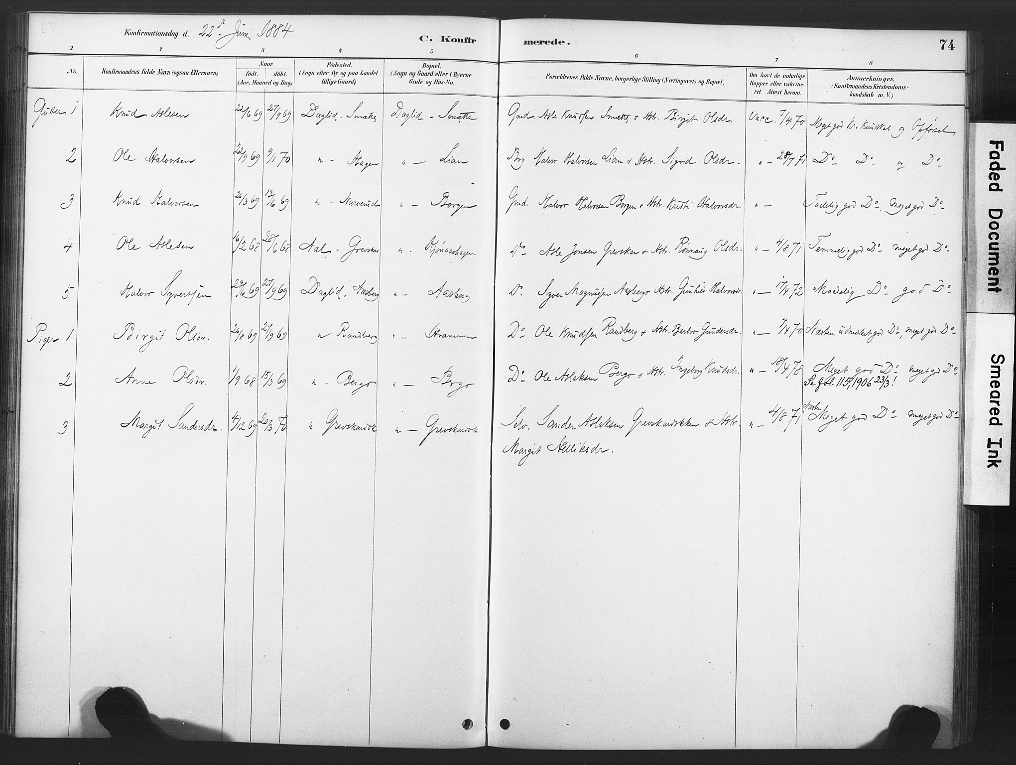 Nore kirkebøker, AV/SAKO-A-238/F/Fd/L0001: Parish register (official) no. IV 1, 1878-1918, p. 74