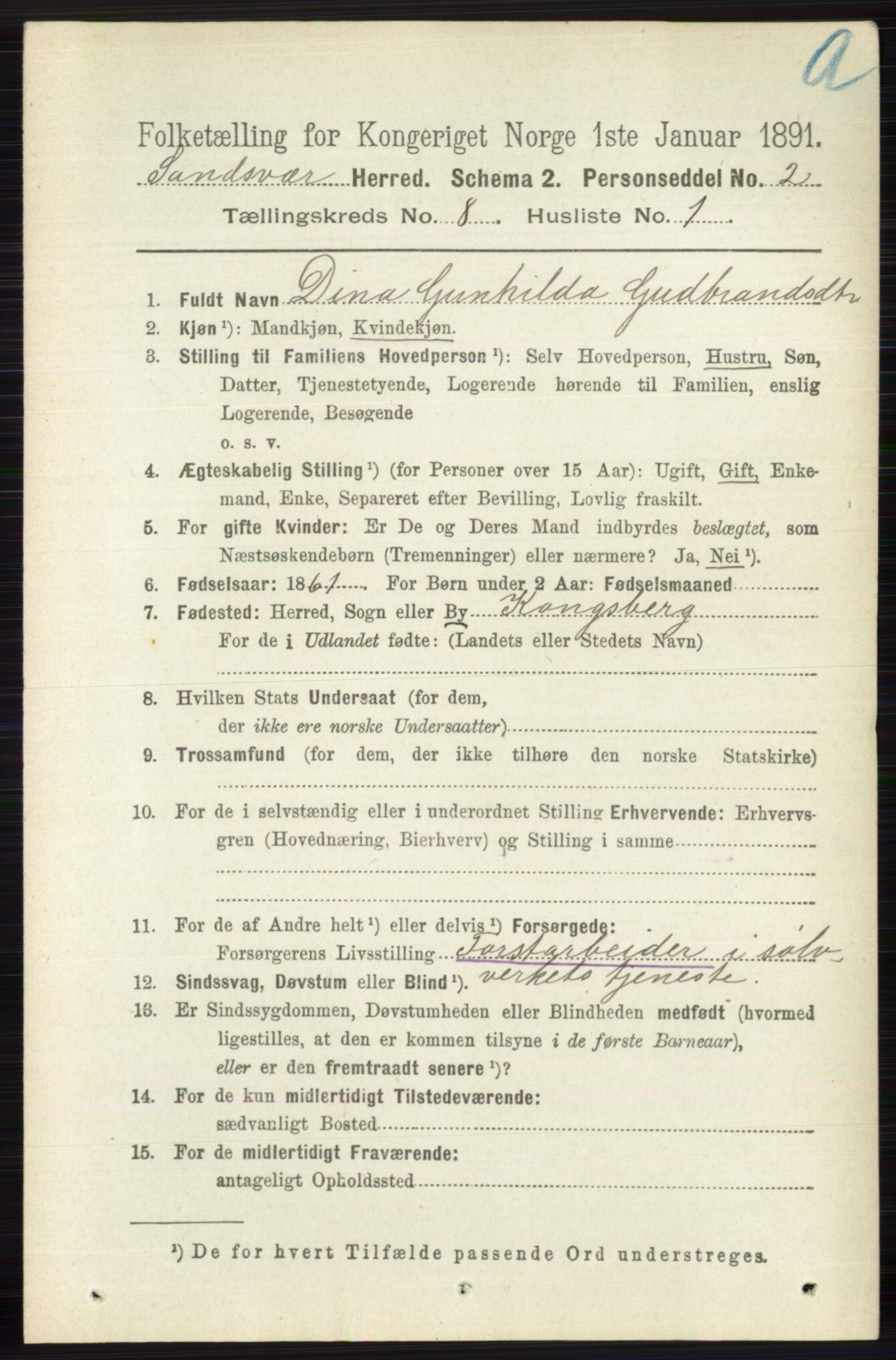 RA, 1891 census for 0629 Sandsvær, 1891, p. 4287