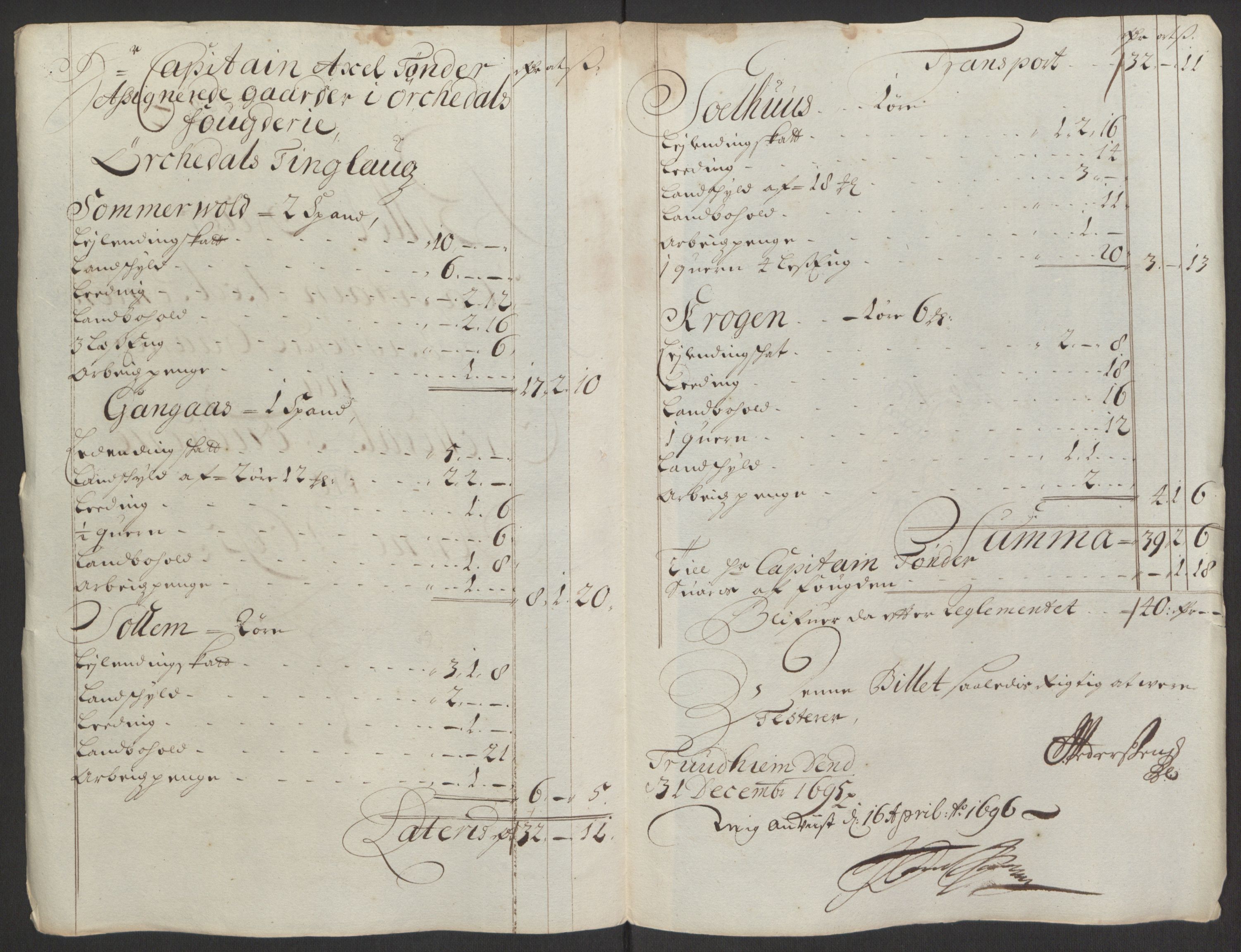 Rentekammeret inntil 1814, Reviderte regnskaper, Fogderegnskap, RA/EA-4092/R60/L3945: Fogderegnskap Orkdal og Gauldal, 1695, p. 226