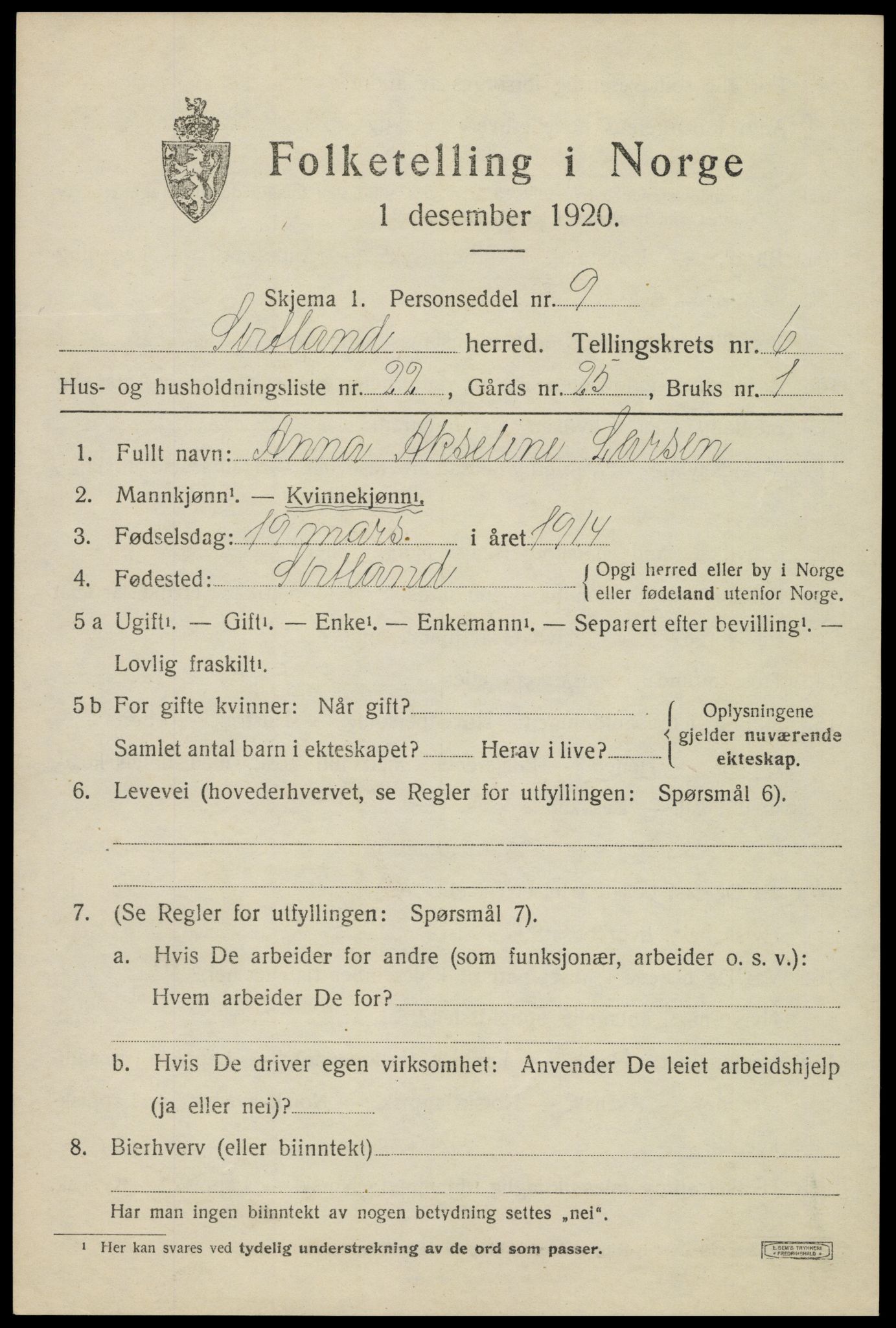 SAT, 1920 census for Sortland, 1920, p. 6532