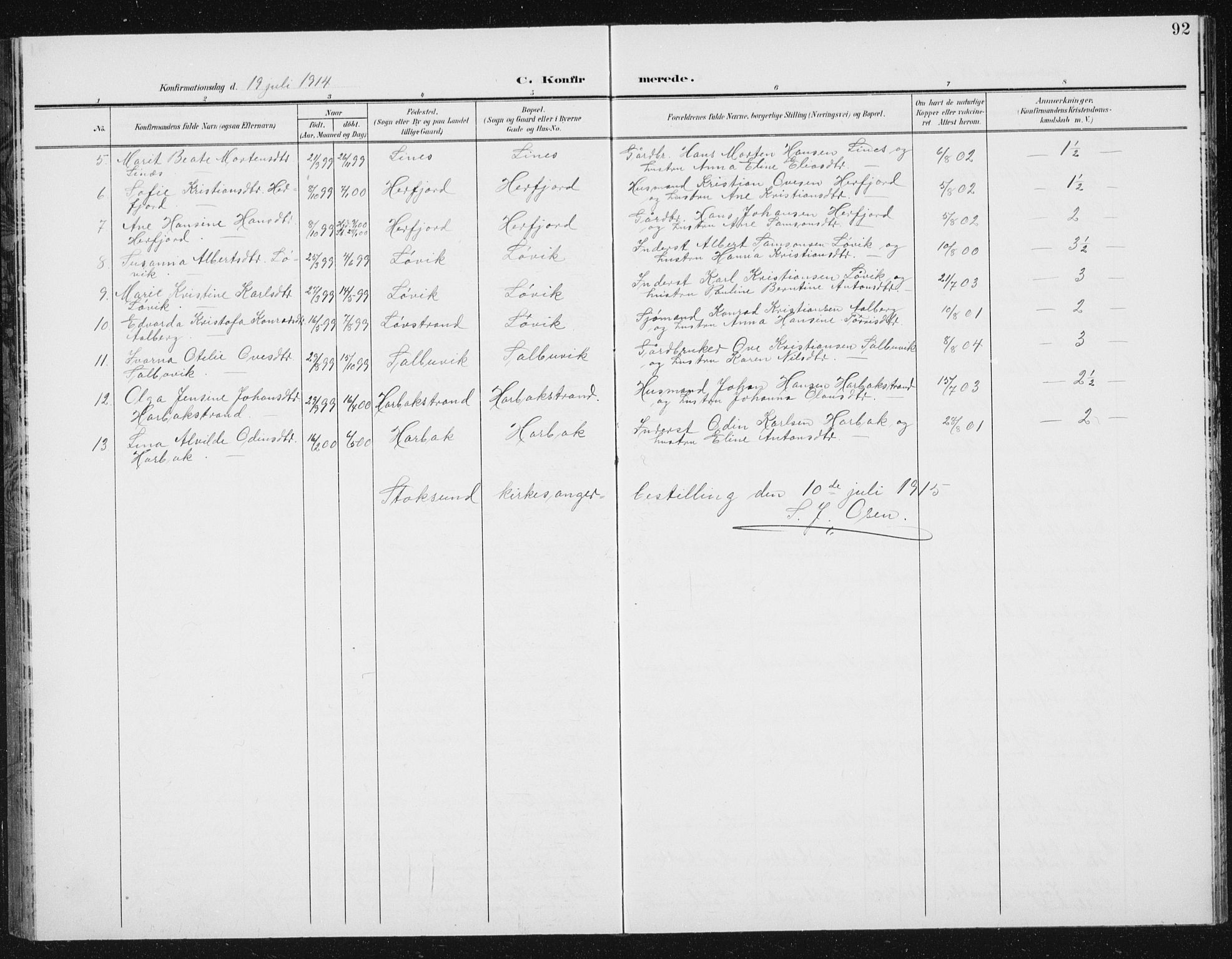 Ministerialprotokoller, klokkerbøker og fødselsregistre - Sør-Trøndelag, AV/SAT-A-1456/656/L0699: Parish register (copy) no. 656C05, 1905-1920, p. 92