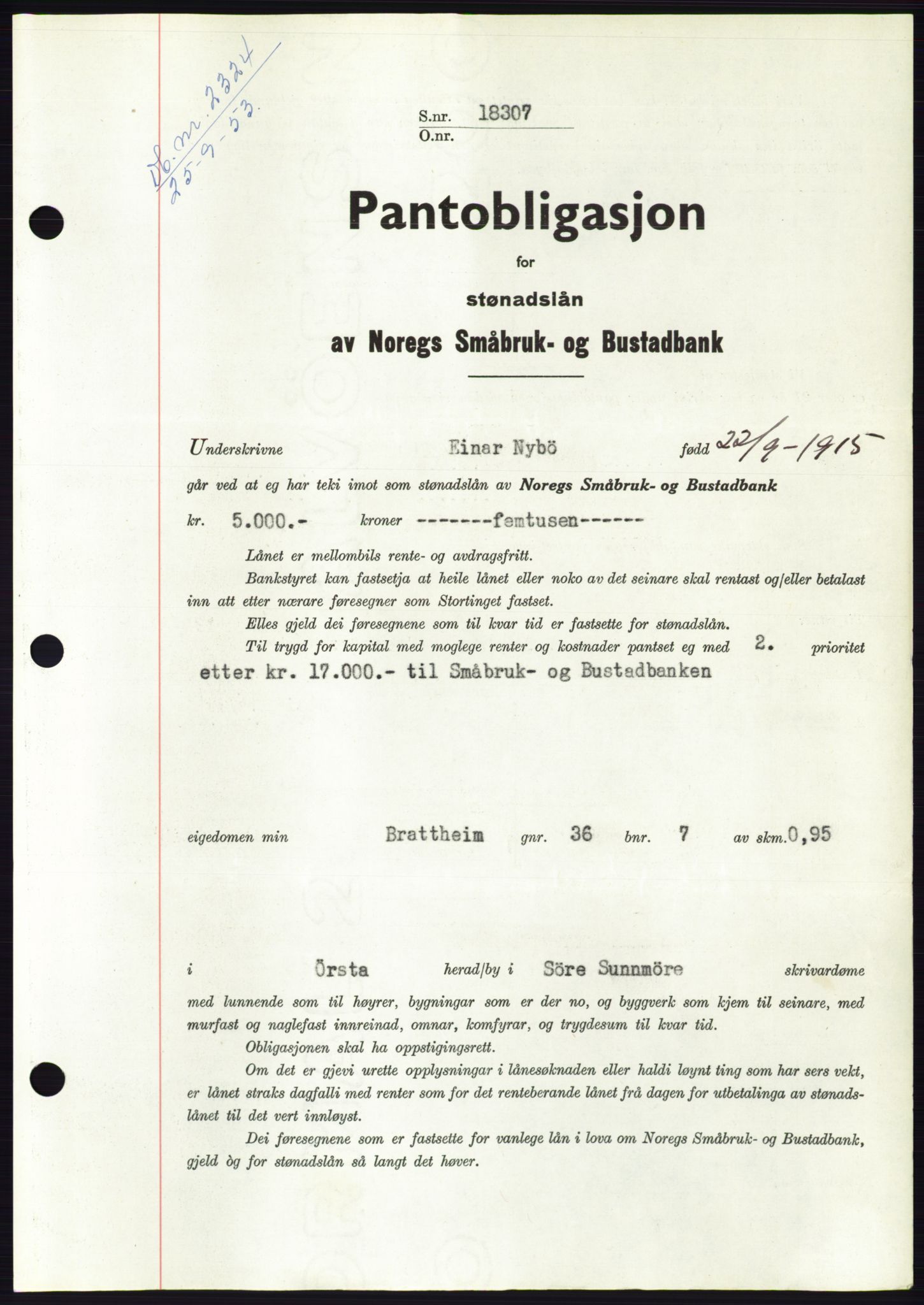 Søre Sunnmøre sorenskriveri, AV/SAT-A-4122/1/2/2C/L0124: Mortgage book no. 12B, 1953-1954, Diary no: : 2324/1953