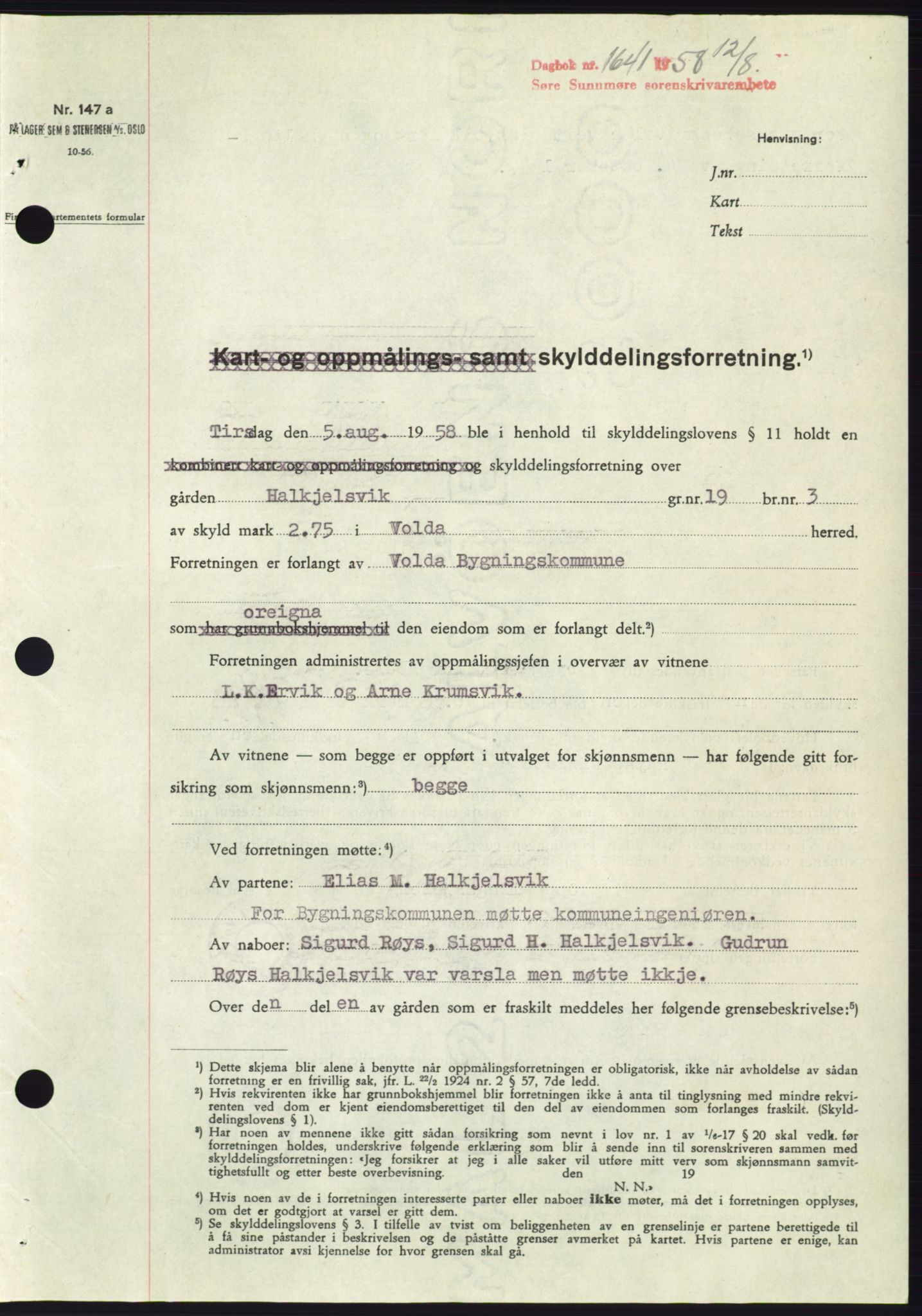 Søre Sunnmøre sorenskriveri, AV/SAT-A-4122/1/2/2C/L0110: Mortgage book no. 36A, 1958-1958, Diary no: : 1641/1958