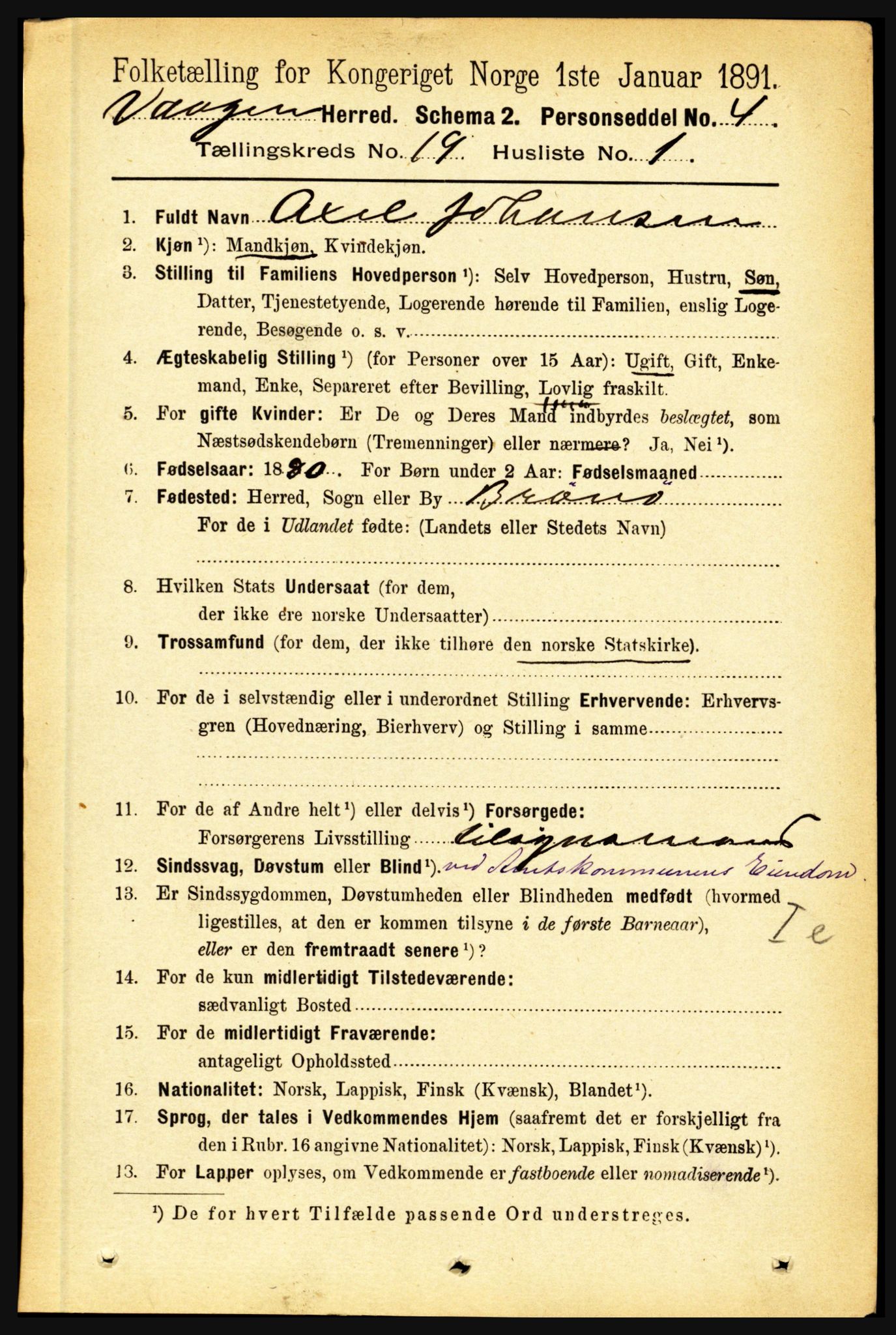 RA, 1891 census for 1865 Vågan, 1891, p. 5508