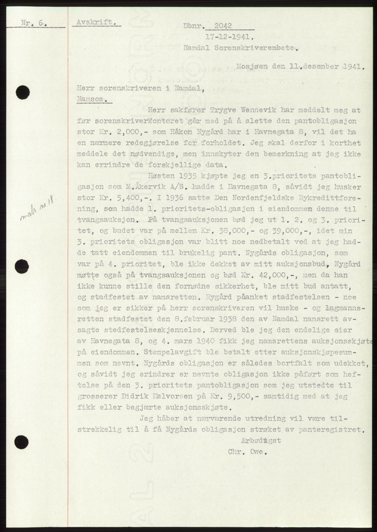 Namdal sorenskriveri, SAT/A-4133/1/2/2C: Mortgage book no. -, 1941-1942, Diary no: : 2042/1941