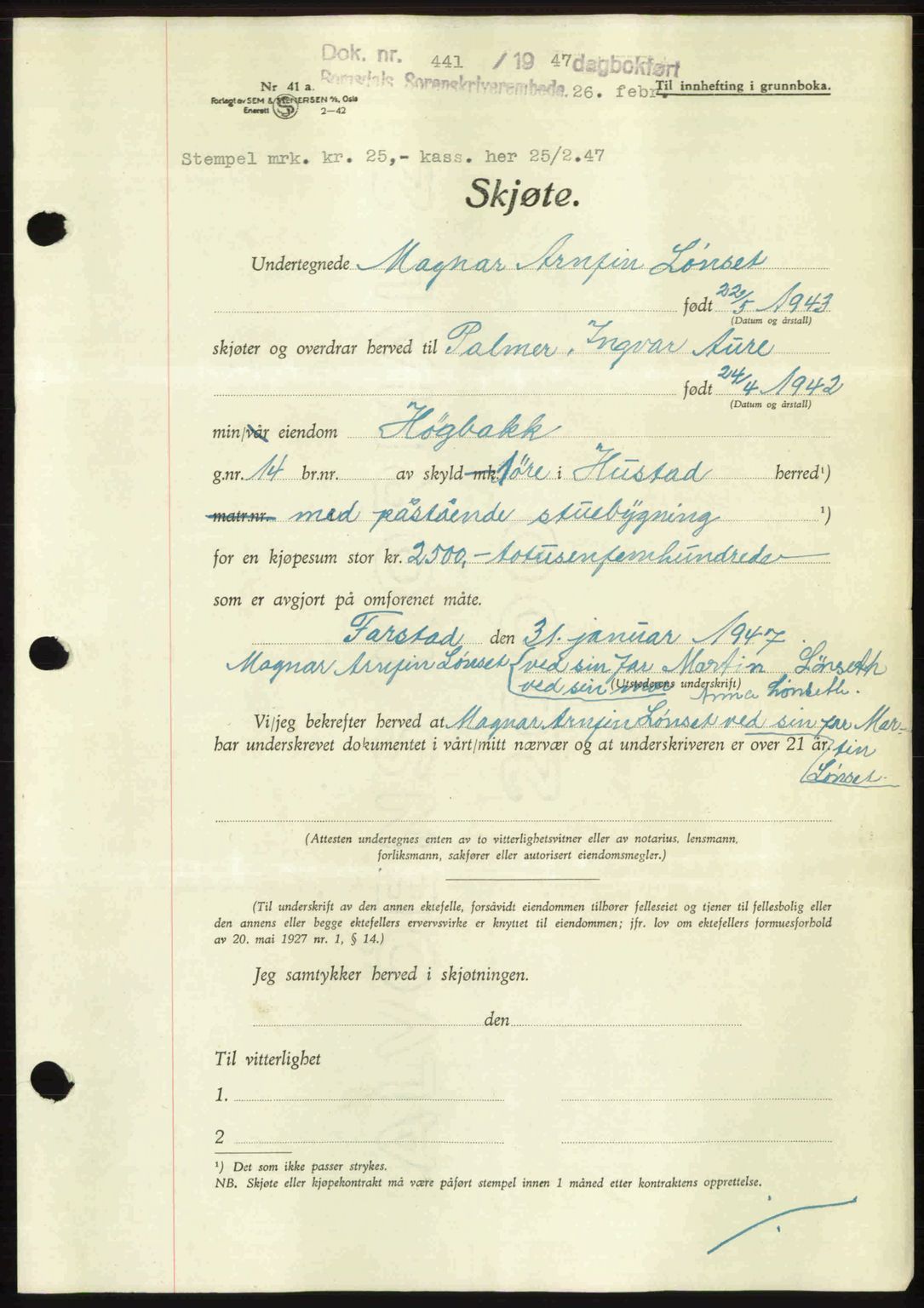 Romsdal sorenskriveri, AV/SAT-A-4149/1/2/2C: Mortgage book no. A22, 1947-1947, Diary no: : 441/1947