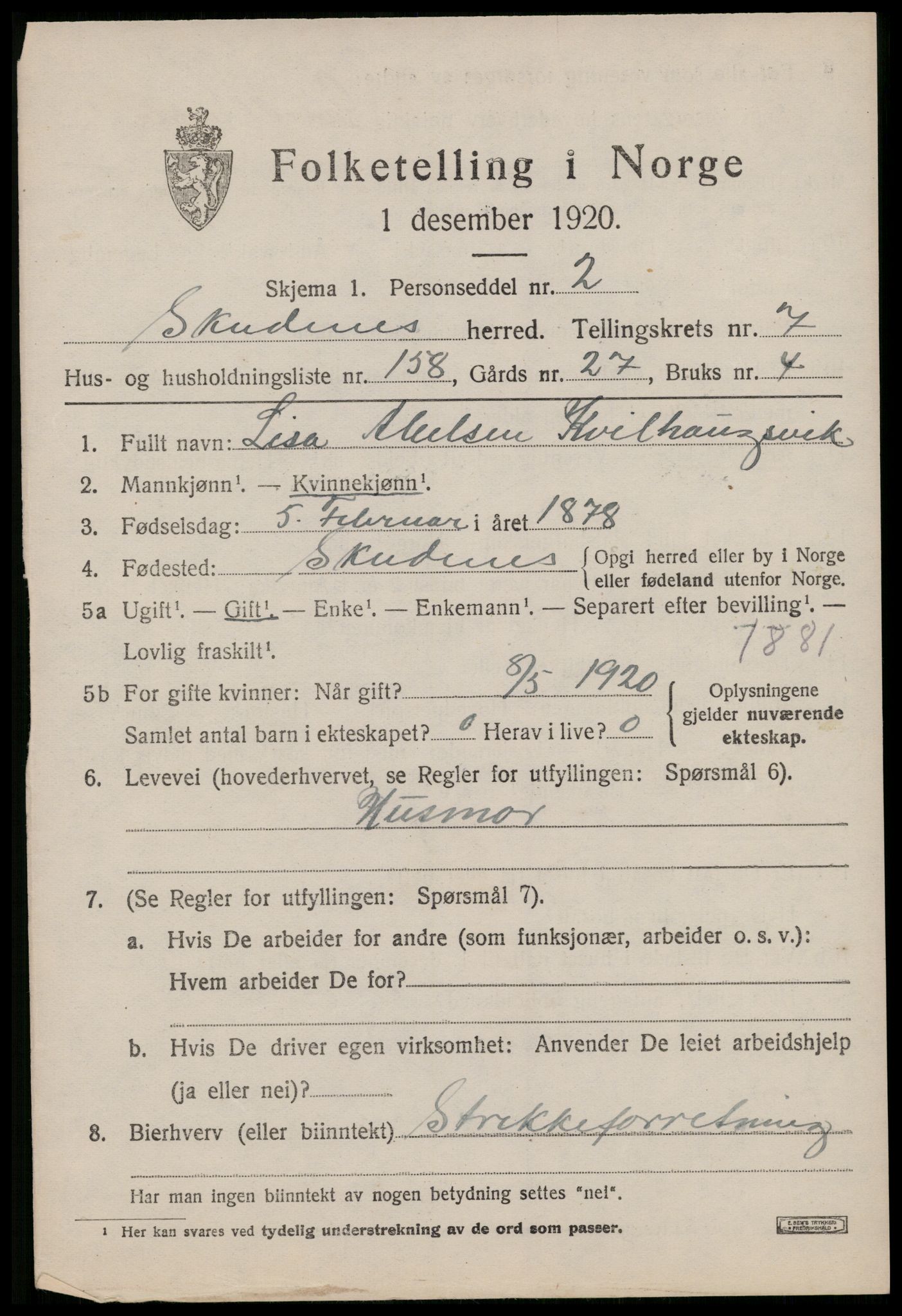 SAST, 1920 census for Skudenes, 1920, p. 7310