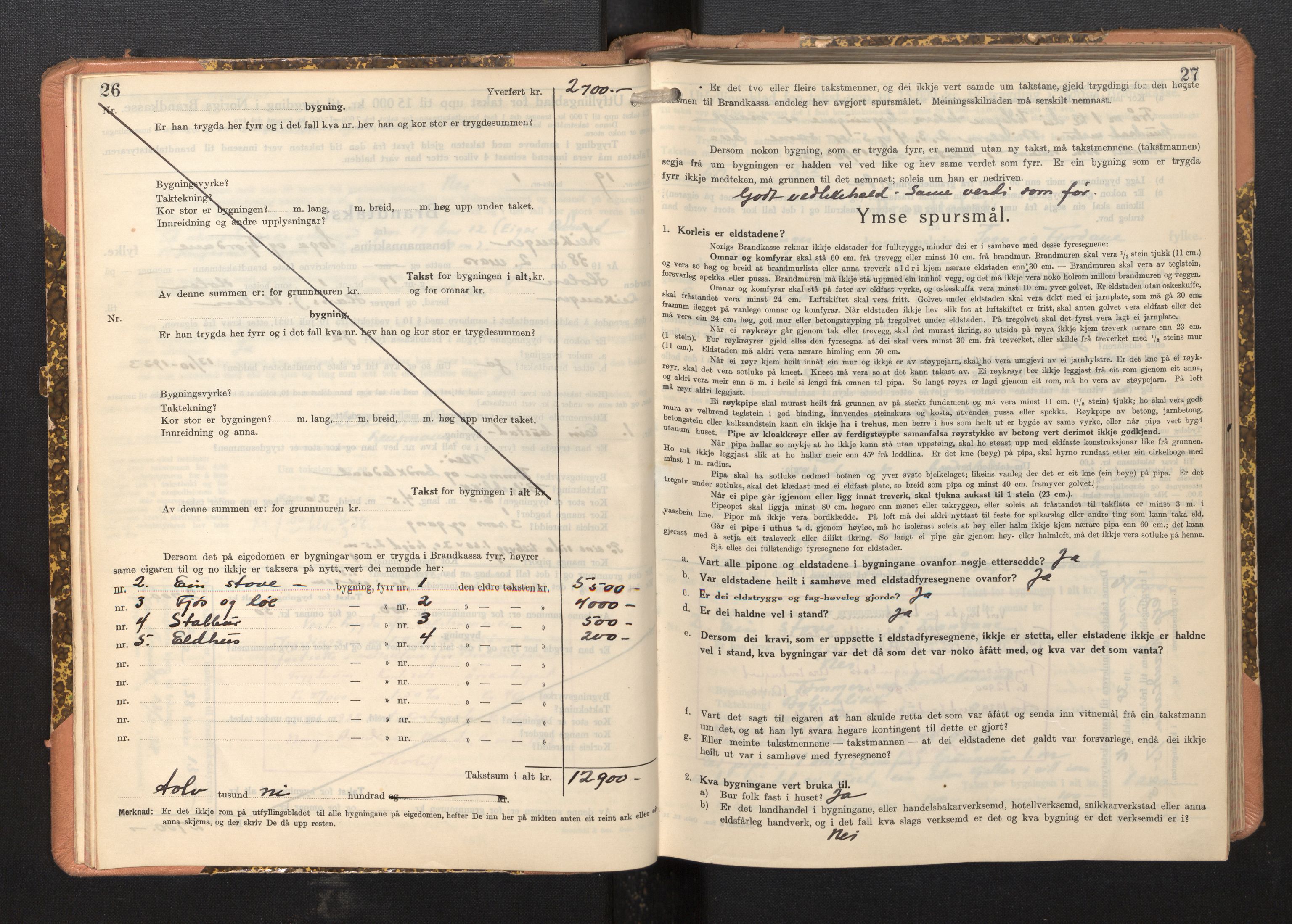 Lensmannen i Leikanger, AV/SAB-A-29201/0012/L0008: Branntakstprotokoll, skjematakst, 1937-1946, p. 26-27