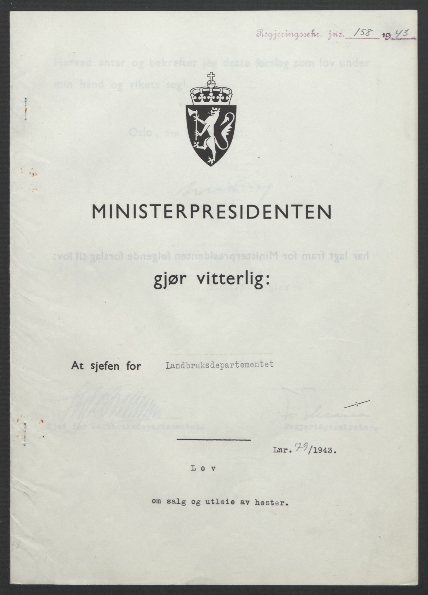 NS-administrasjonen 1940-1945 (Statsrådsekretariatet, de kommisariske statsråder mm), RA/S-4279/D/Db/L0099: Lover, 1943, p. 361