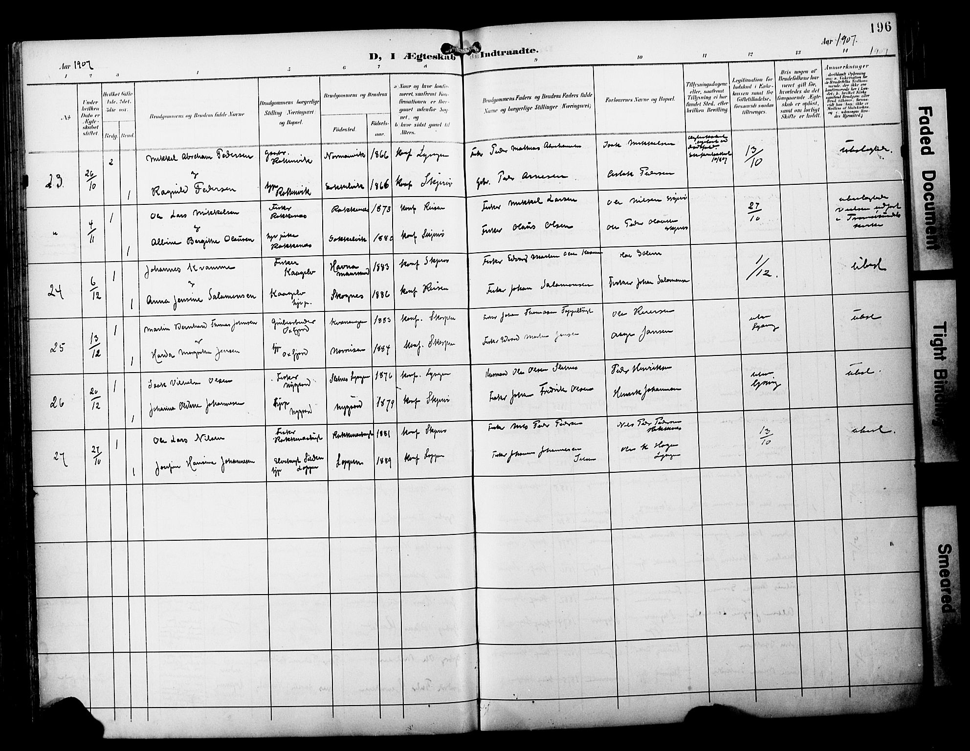 Skjervøy sokneprestkontor, AV/SATØ-S-1300/H/Ha/Haa/L0015kirke: Parish register (official) no. 15, 1899-1909, p. 196