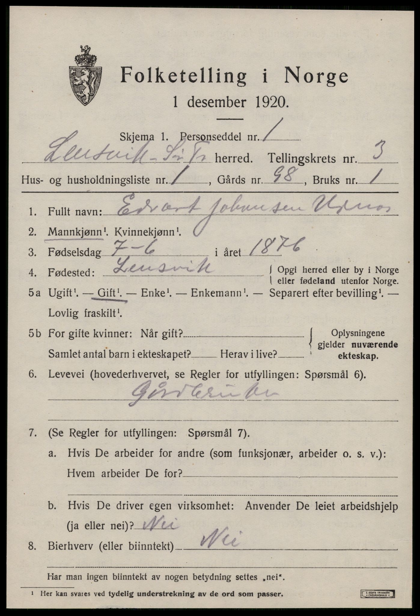 SAT, 1920 census for Lensvik, 1920, p. 1708