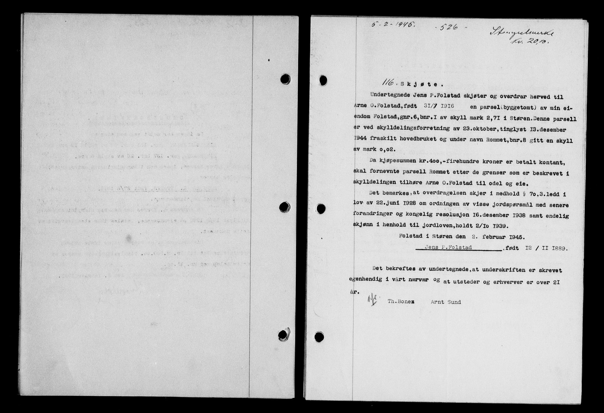 Gauldal sorenskriveri, SAT/A-0014/1/2/2C/L0058: Mortgage book no. 63, 1944-1945, Diary no: : 116/1945