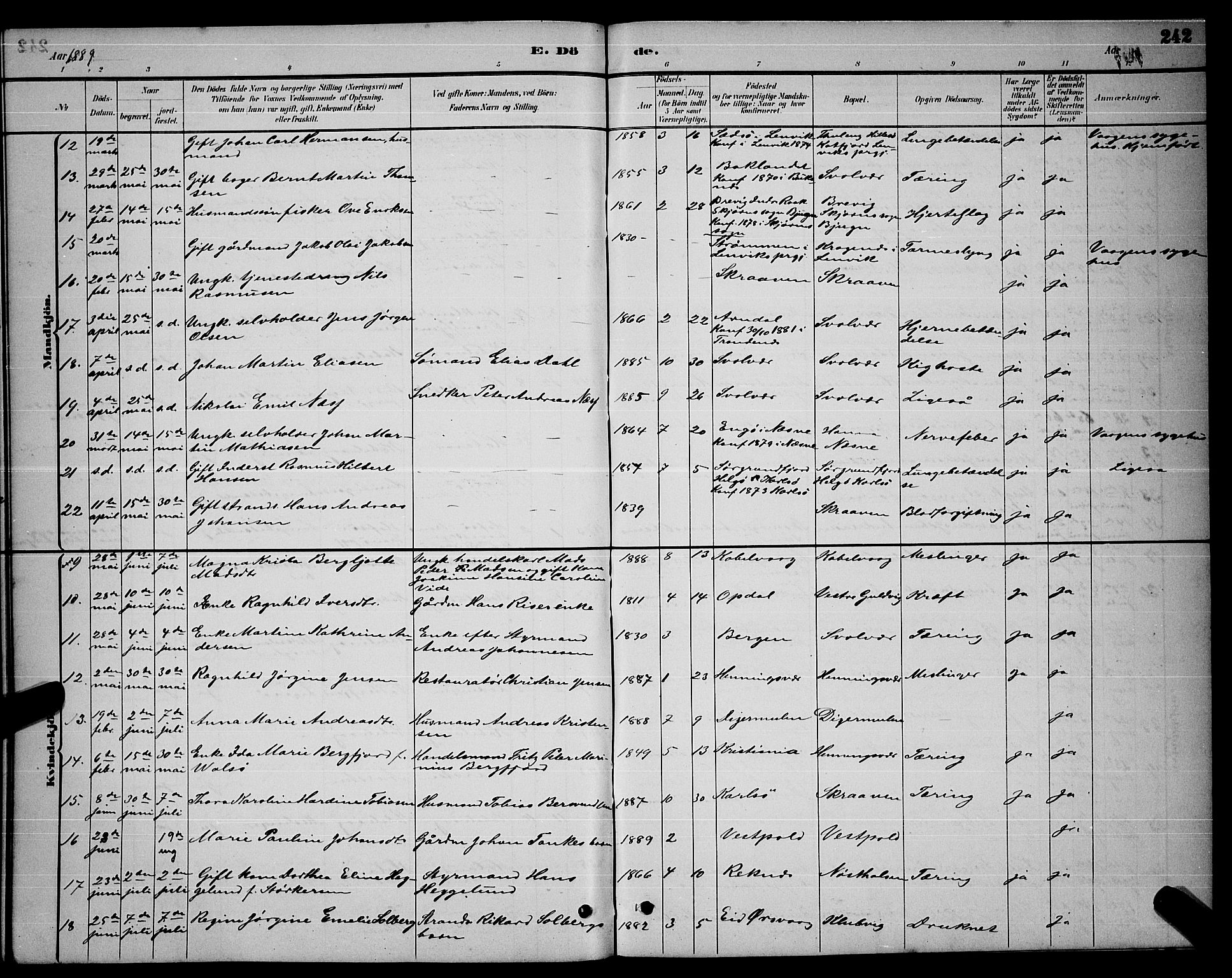 Ministerialprotokoller, klokkerbøker og fødselsregistre - Nordland, AV/SAT-A-1459/874/L1076: Parish register (copy) no. 874C05, 1884-1890, p. 242