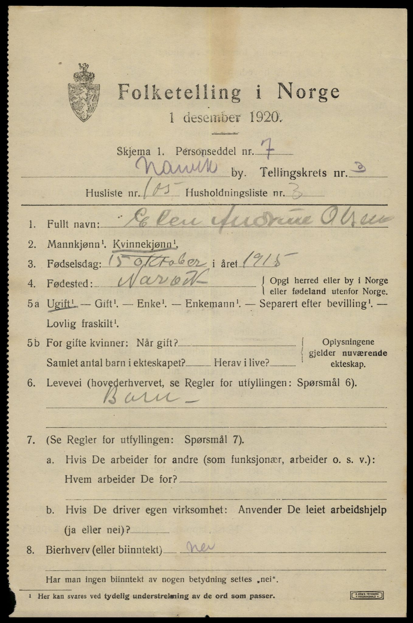 SAT, 1920 census for Narvik, 1920, p. 14258