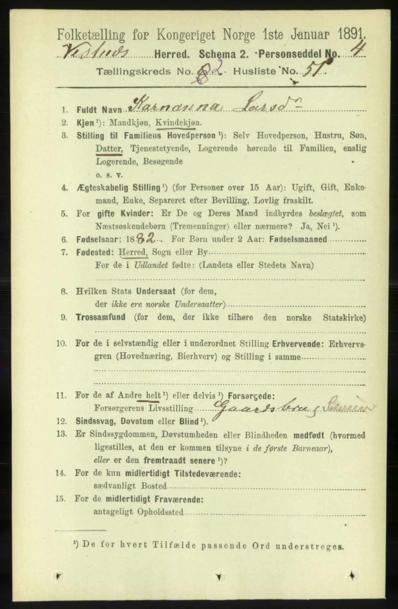 RA, 1891 census for 1535 Vestnes, 1891, p. 444