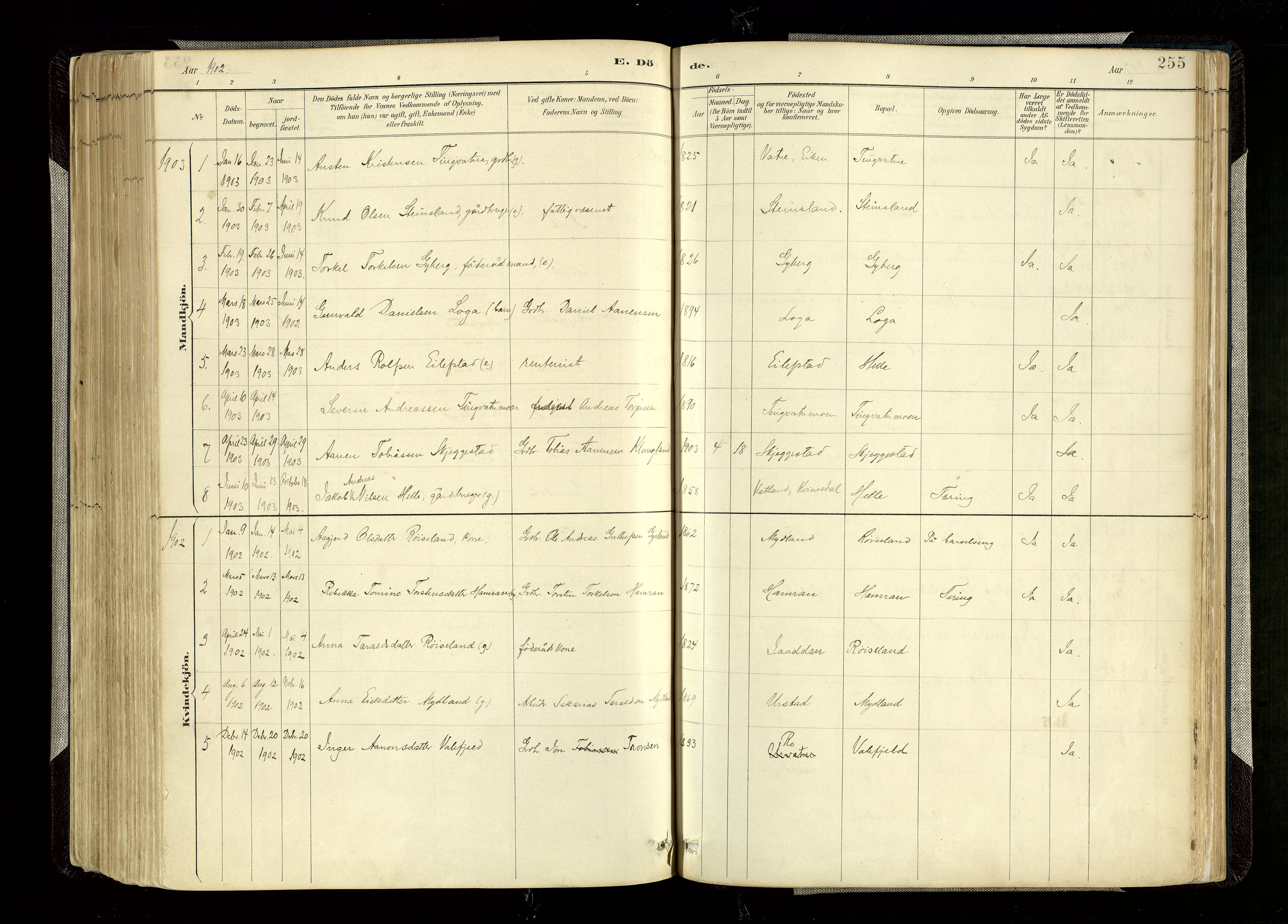 Hægebostad sokneprestkontor, SAK/1111-0024/F/Fa/Faa/L0006: Parish register (official) no. A 6, 1887-1929, p. 255