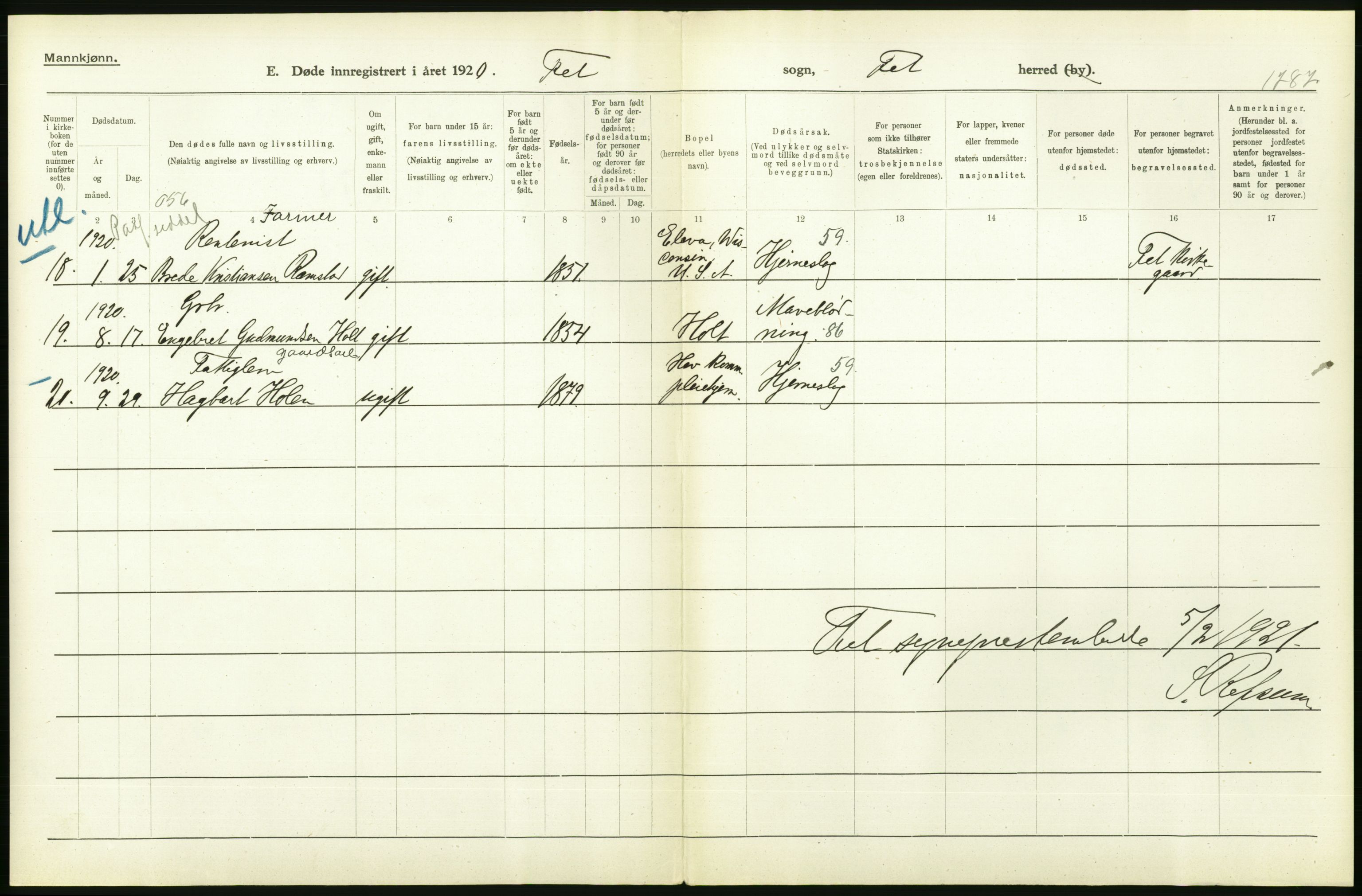 Statistisk sentralbyrå, Sosiodemografiske emner, Befolkning, AV/RA-S-2228/D/Df/Dfb/Dfbj/L0007: Akershus fylke: Døde. Bygder og byer., 1920, p. 160