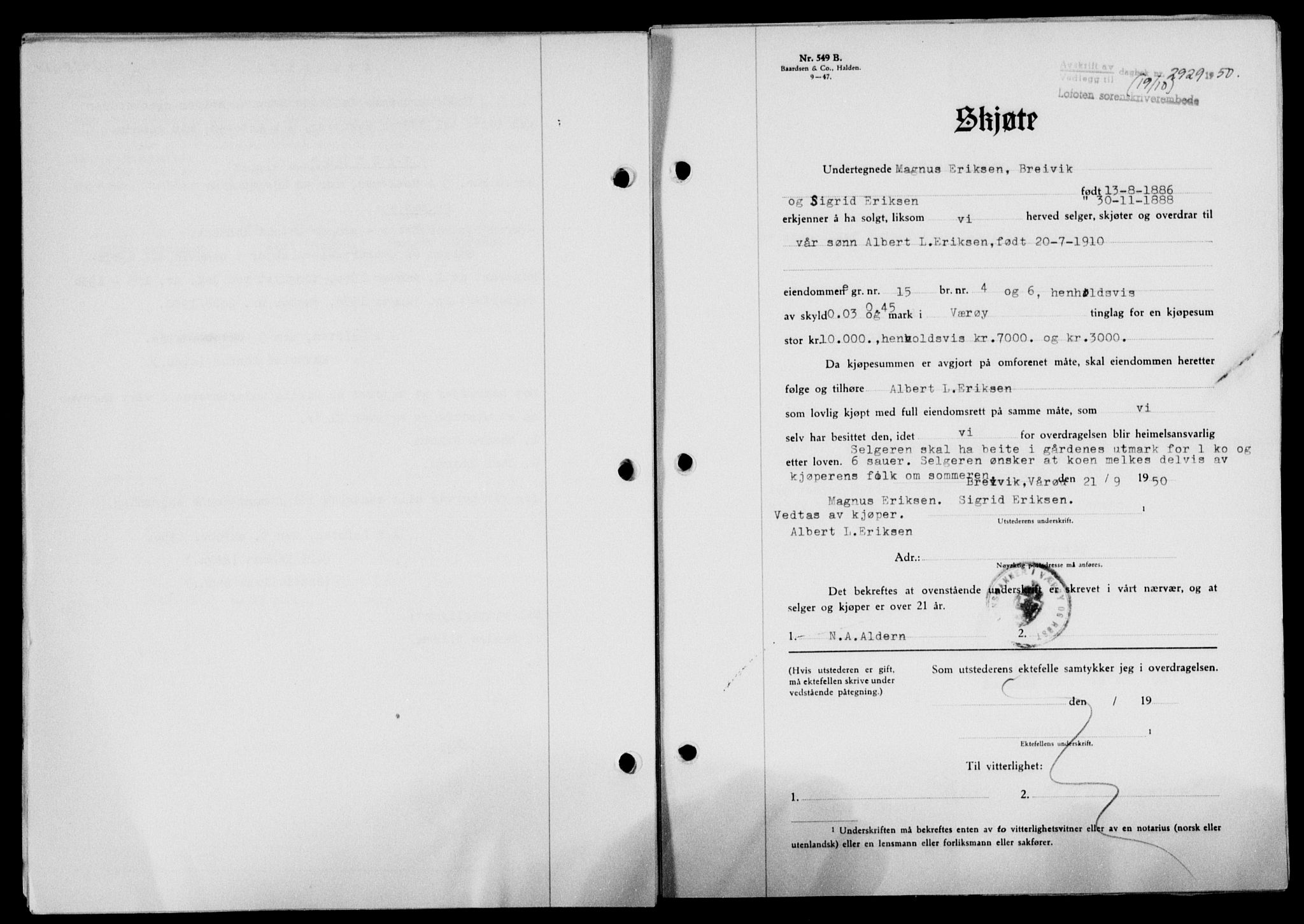 Lofoten sorenskriveri, SAT/A-0017/1/2/2C/L0024a: Mortgage book no. 24a, 1950-1950, Diary no: : 2929/1950