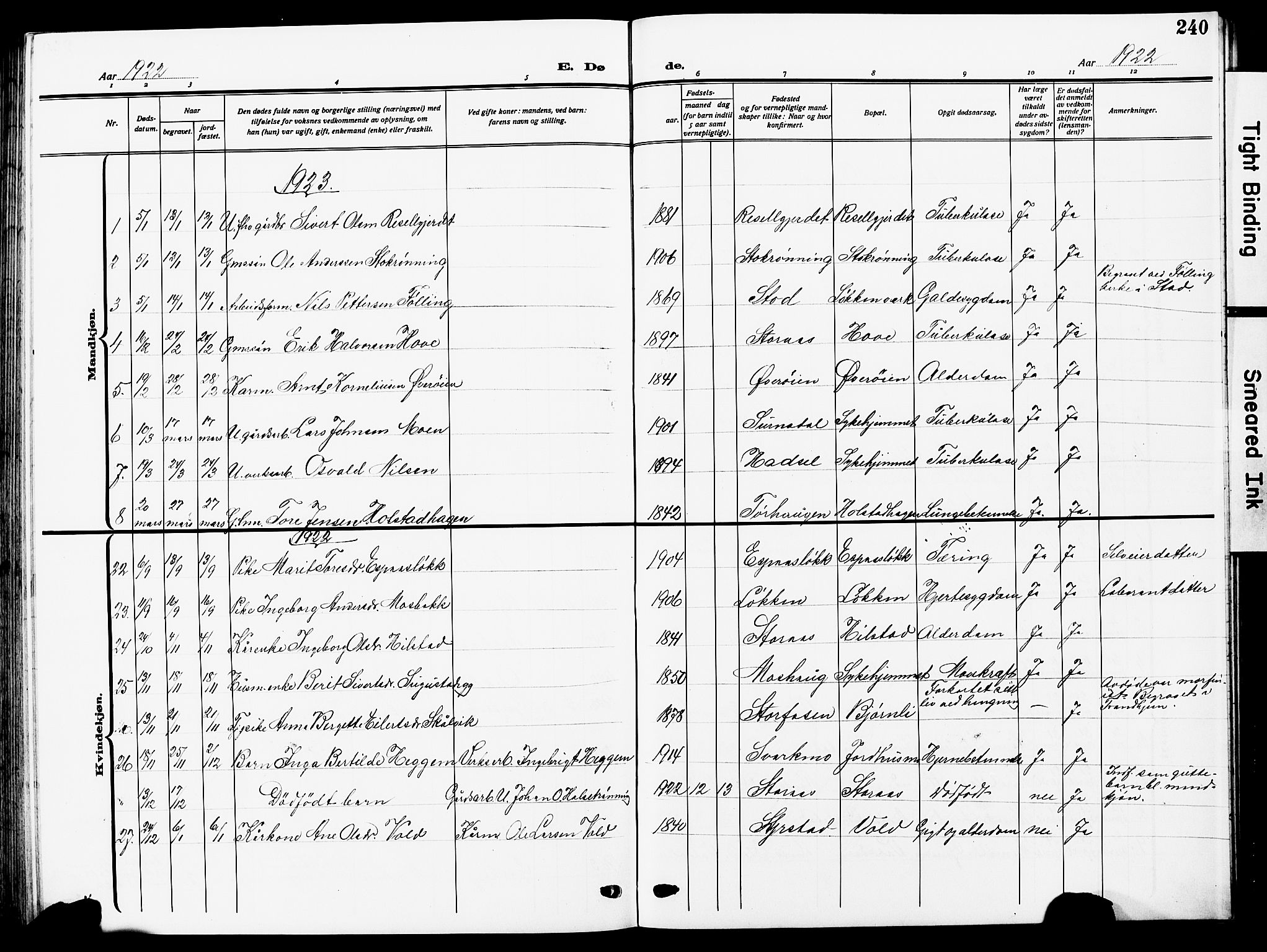 Ministerialprotokoller, klokkerbøker og fødselsregistre - Sør-Trøndelag, SAT/A-1456/672/L0865: Parish register (copy) no. 672C04, 1914-1928, p. 240