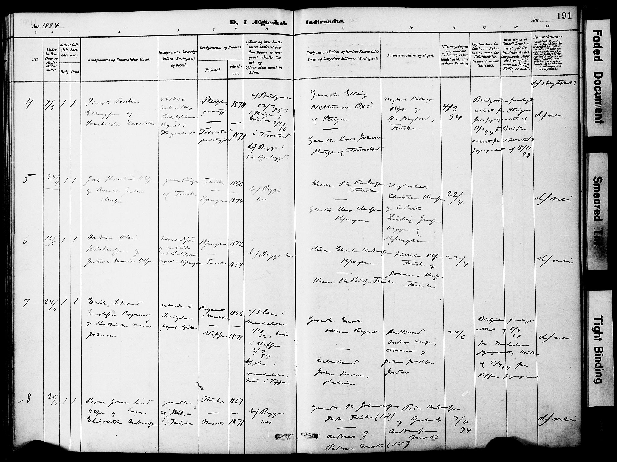 Ministerialprotokoller, klokkerbøker og fødselsregistre - Nordland, AV/SAT-A-1459/849/L0690: Parish register (official) no. 849A02, 1890-1897, p. 191