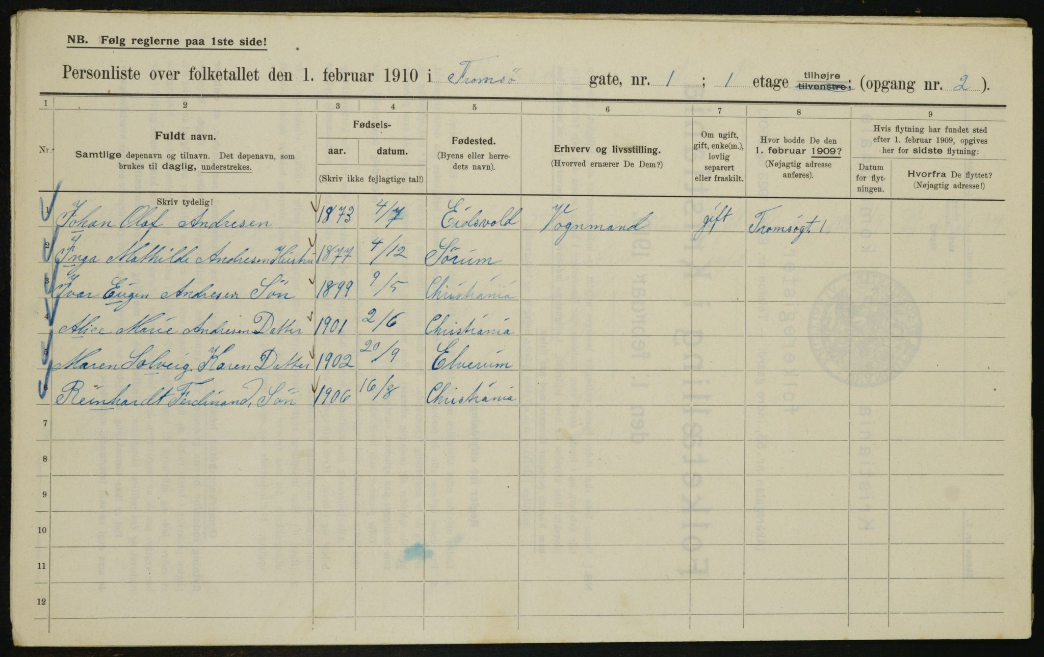 OBA, Municipal Census 1910 for Kristiania, 1910, p. 109730