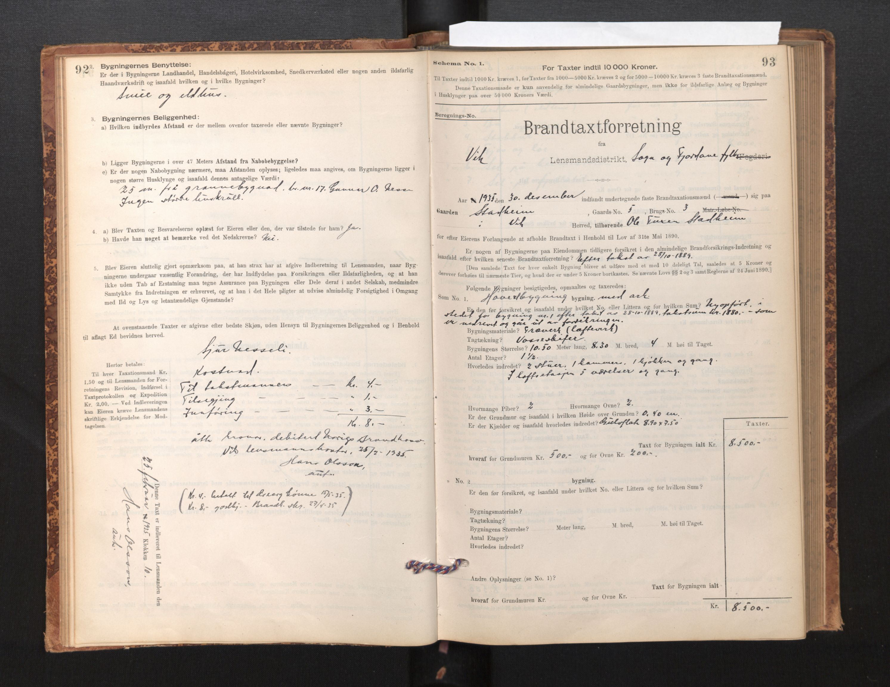 Lensmannen i Vik, SAB/A-30301/0012/L0006: Branntakstprotokoll, skjematakst, 1896-1949, p. 92-93