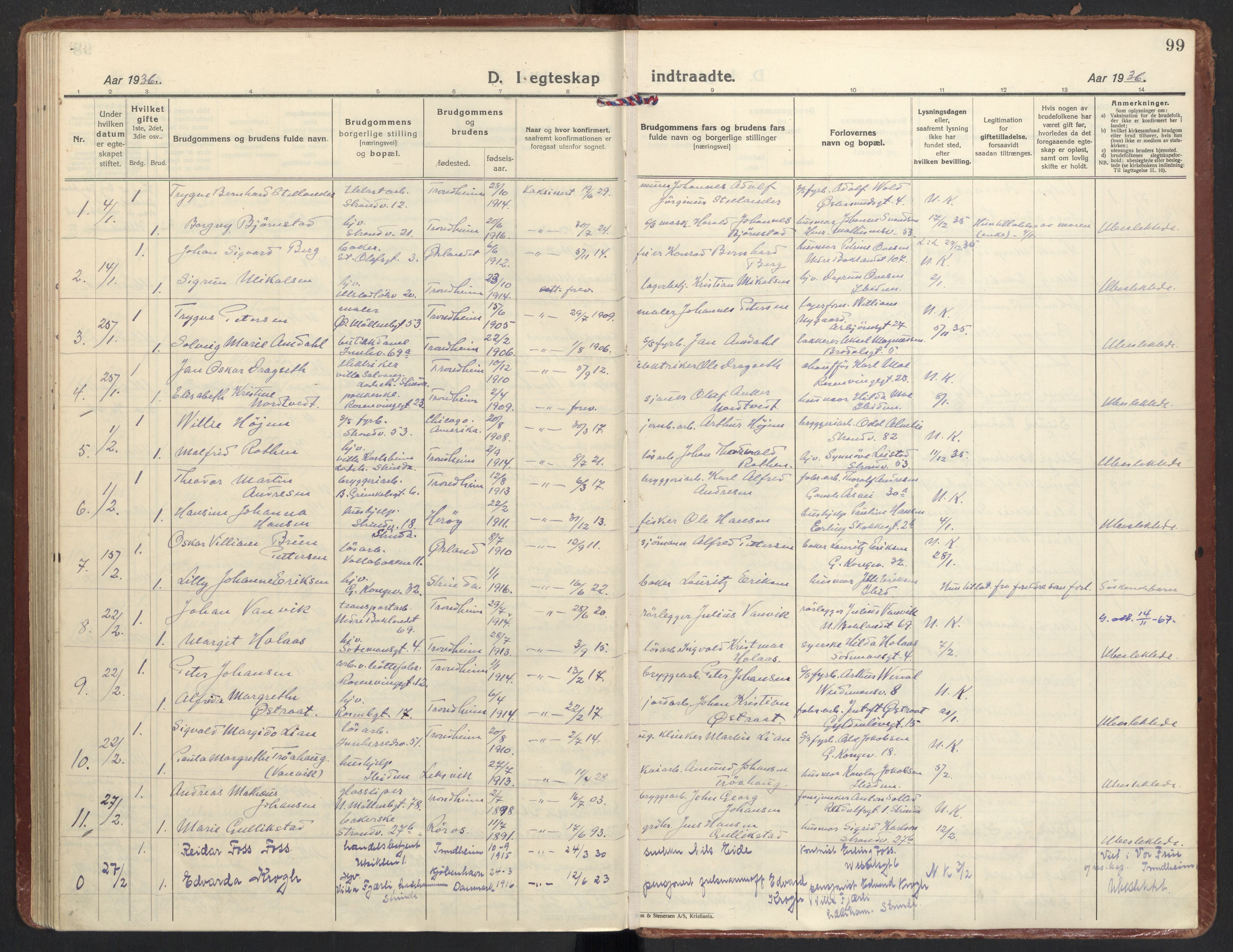 Ministerialprotokoller, klokkerbøker og fødselsregistre - Sør-Trøndelag, SAT/A-1456/605/L0249: Parish register (official) no. 605A11, 1925-1936, p. 99